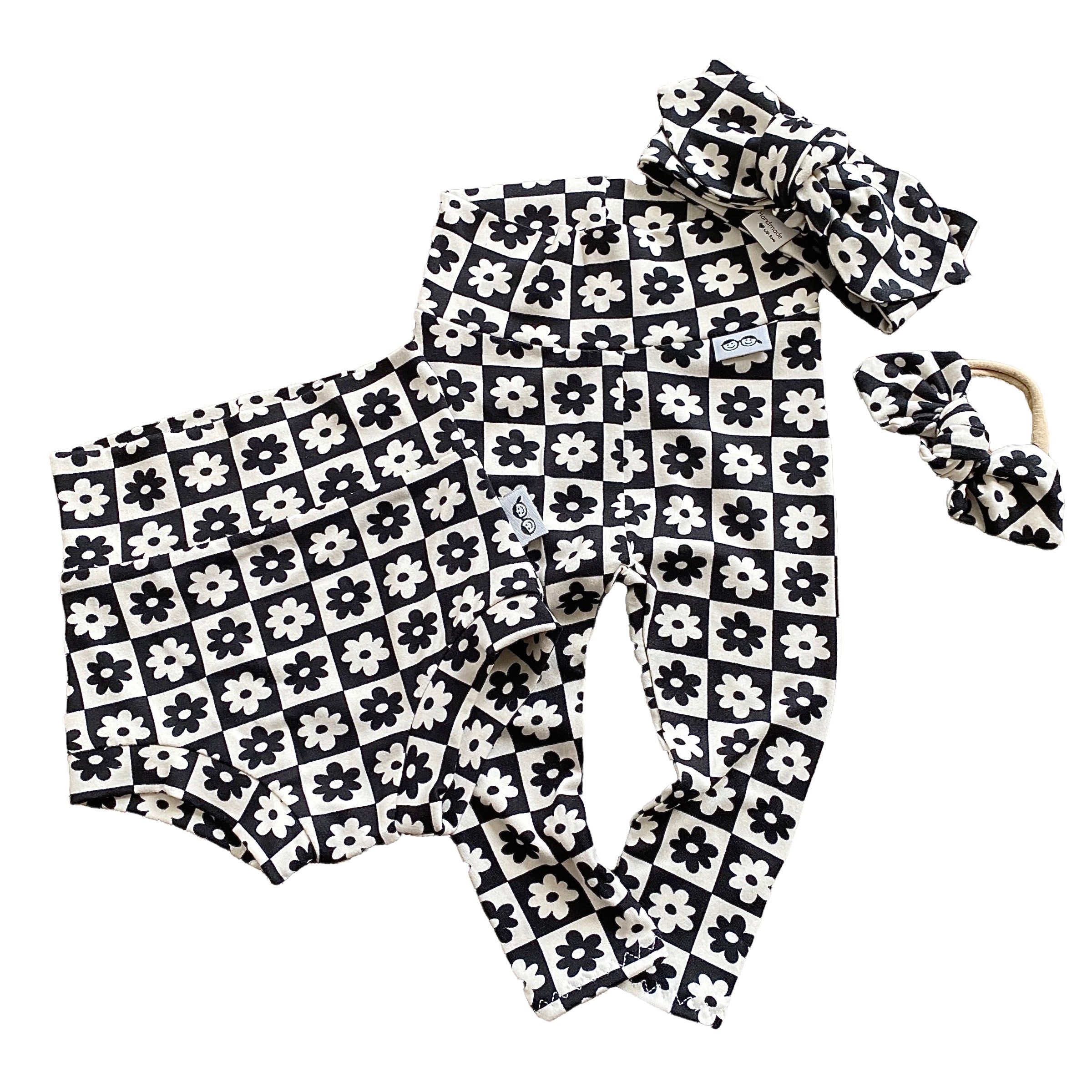 Black and Ivory Checkered Florals Bummies and/or Headbands