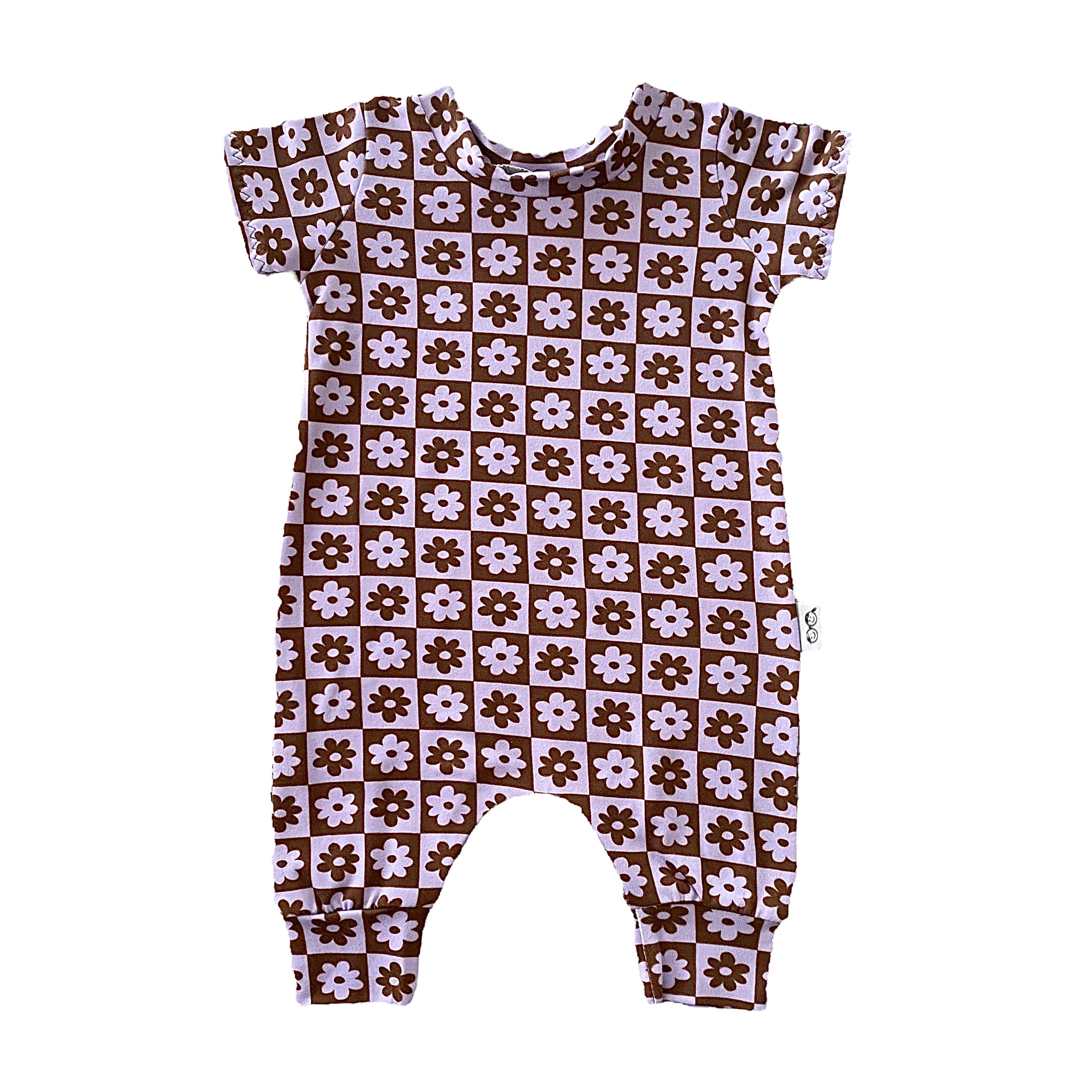 Purple and White Checkered Florals Harem Short-Sleeve Romper