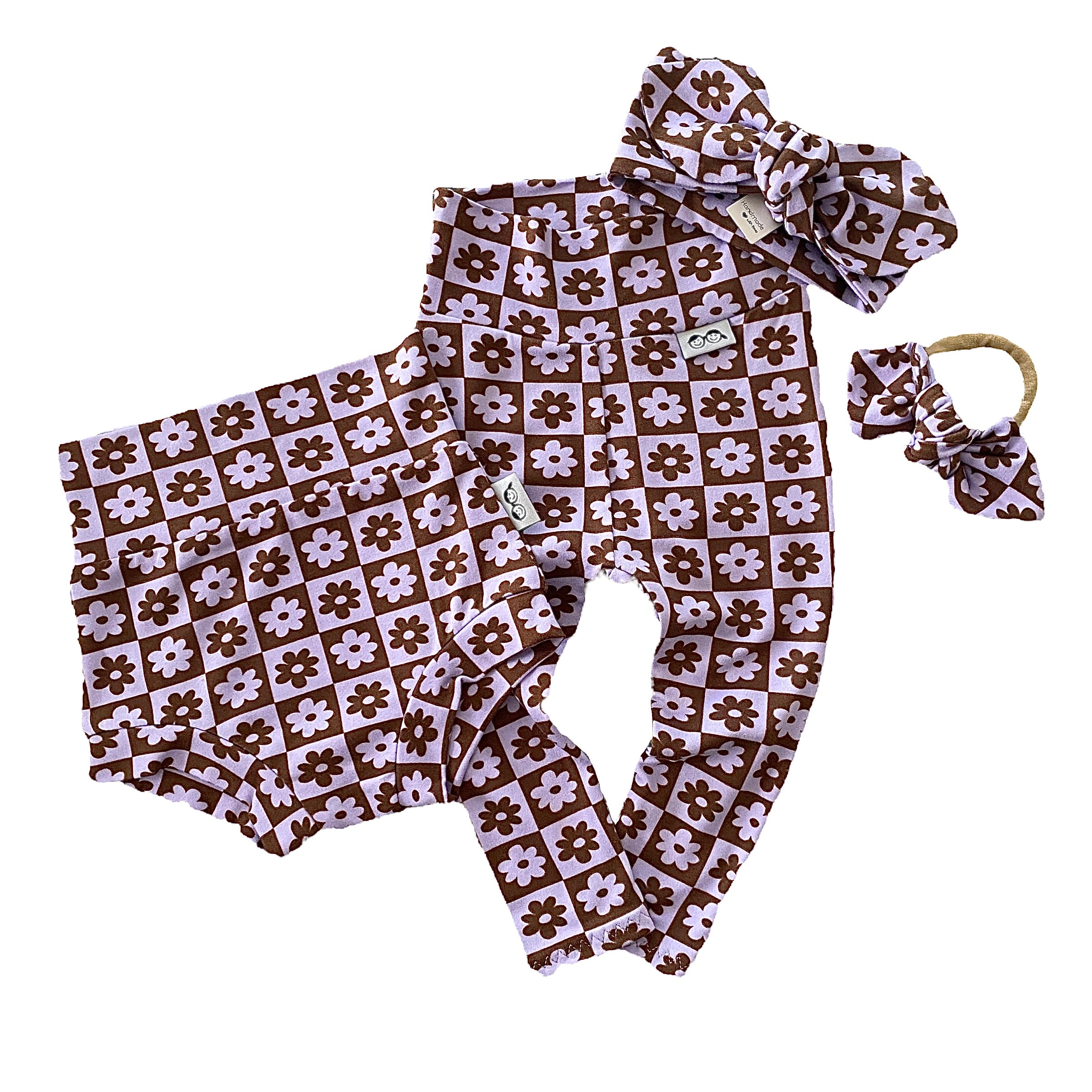 Purple and White Checkered Florals Leggings and/or Headbands