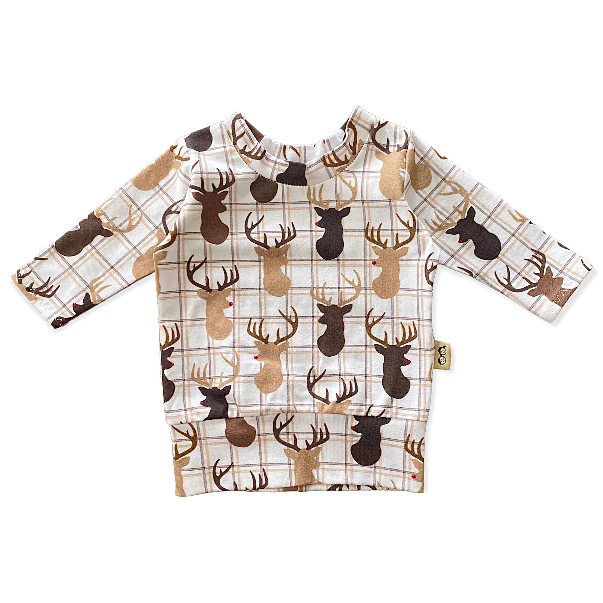 Handmade reindeer plaid long-sleeve top for babies and toddlers, featuring festive holiday designs in neutral tones. Cozy and stylish for winter.