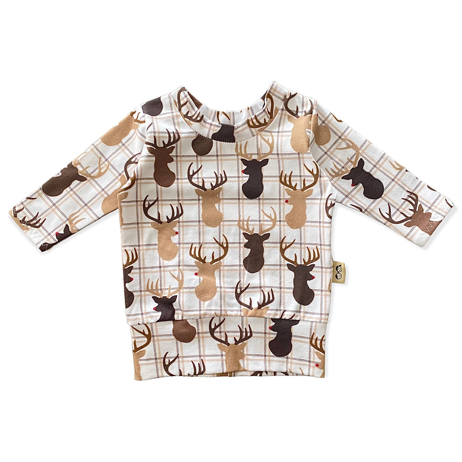 Handmade reindeer plaid lounge set for babies and toddlers, featuring a cozy long-sleeve top and matching leggings. Perfect holiday outfit.