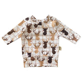 Handmade reindeer plaid lounge set for babies and toddlers, featuring a cozy long-sleeve top and matching leggings. Perfect holiday outfit.