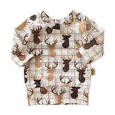 Handmade reindeer plaid lounge set for babies and toddlers, featuring a cozy long-sleeve top and matching leggings. Perfect holiday outfit.