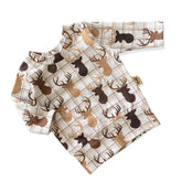 Handmade reindeer plaid lounge set for babies and toddlers, featuring a cozy long-sleeve top and matching leggings. Perfect holiday outfit.