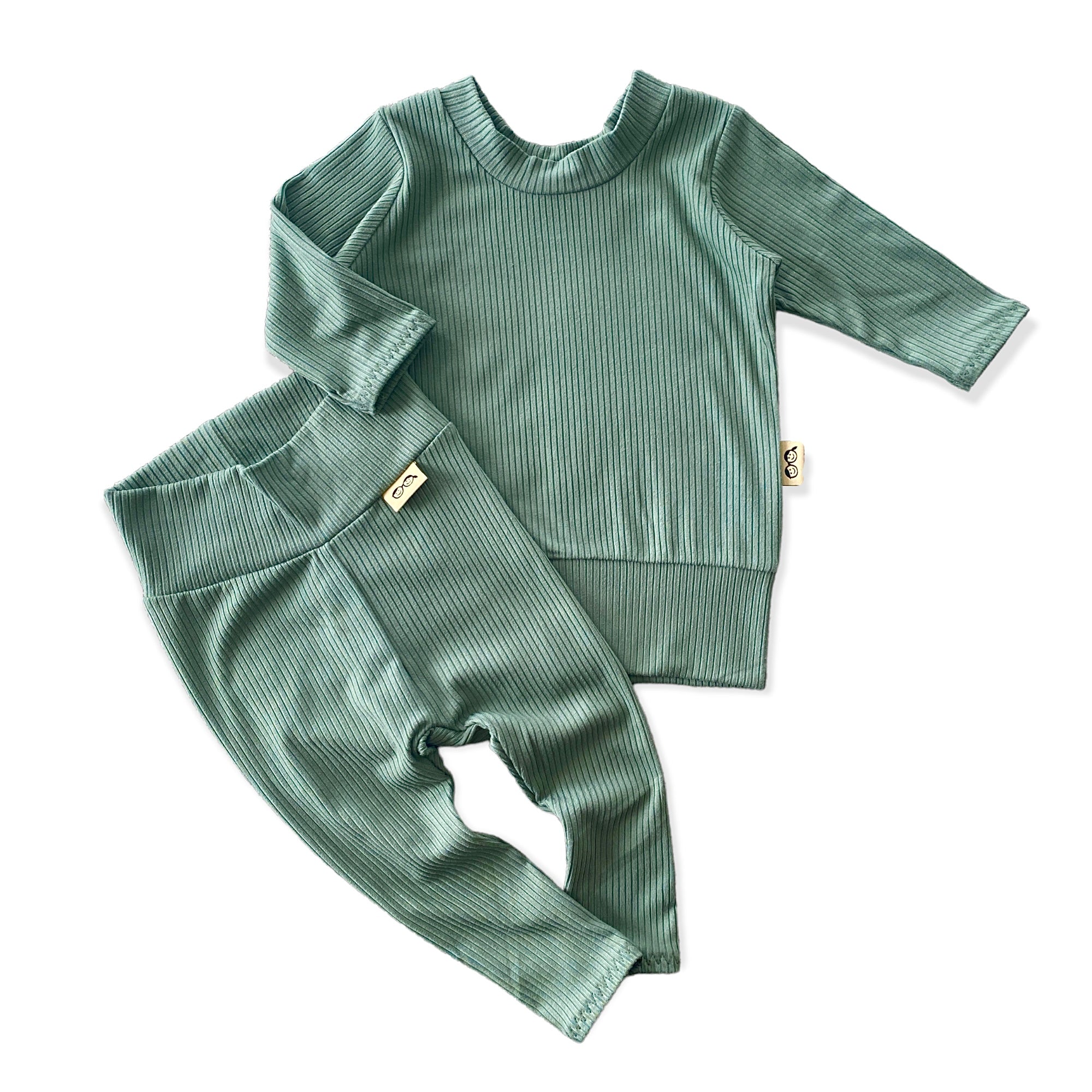 Sea Spray Lounge Set featuring a ribbed long-sleeve top and matching pants in a soft green hue, designed for ultimate comfort and style for babies.