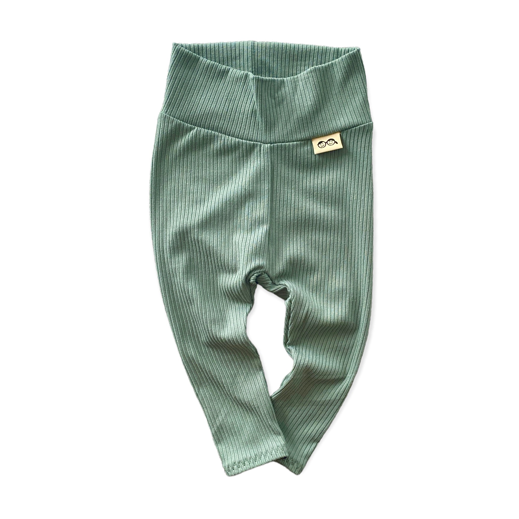Flat-lay of the ribbed pants from the Sea Spray Lounge Set in a beautiful green shade, featuring a soft waistband for extra comfort.