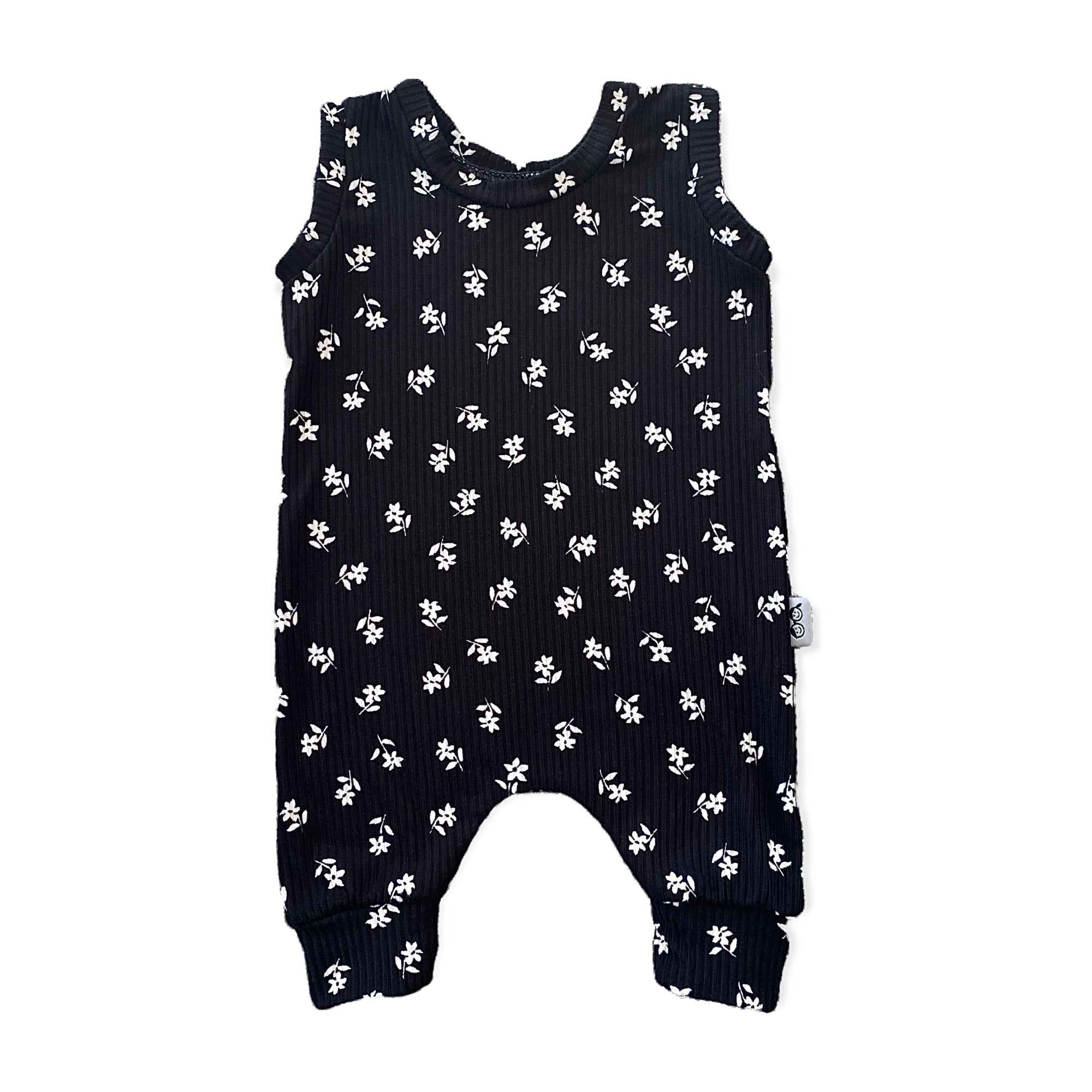 White Florals on Black Rib Harem Romper