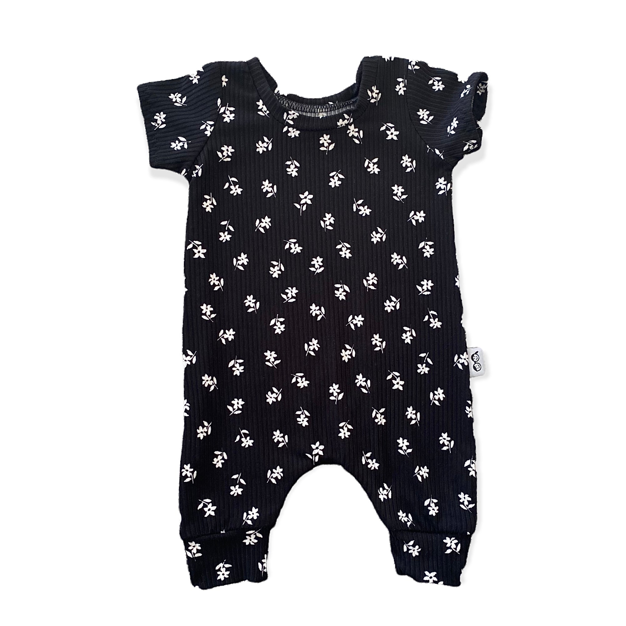 White Florals on Black Rib Harem Romper