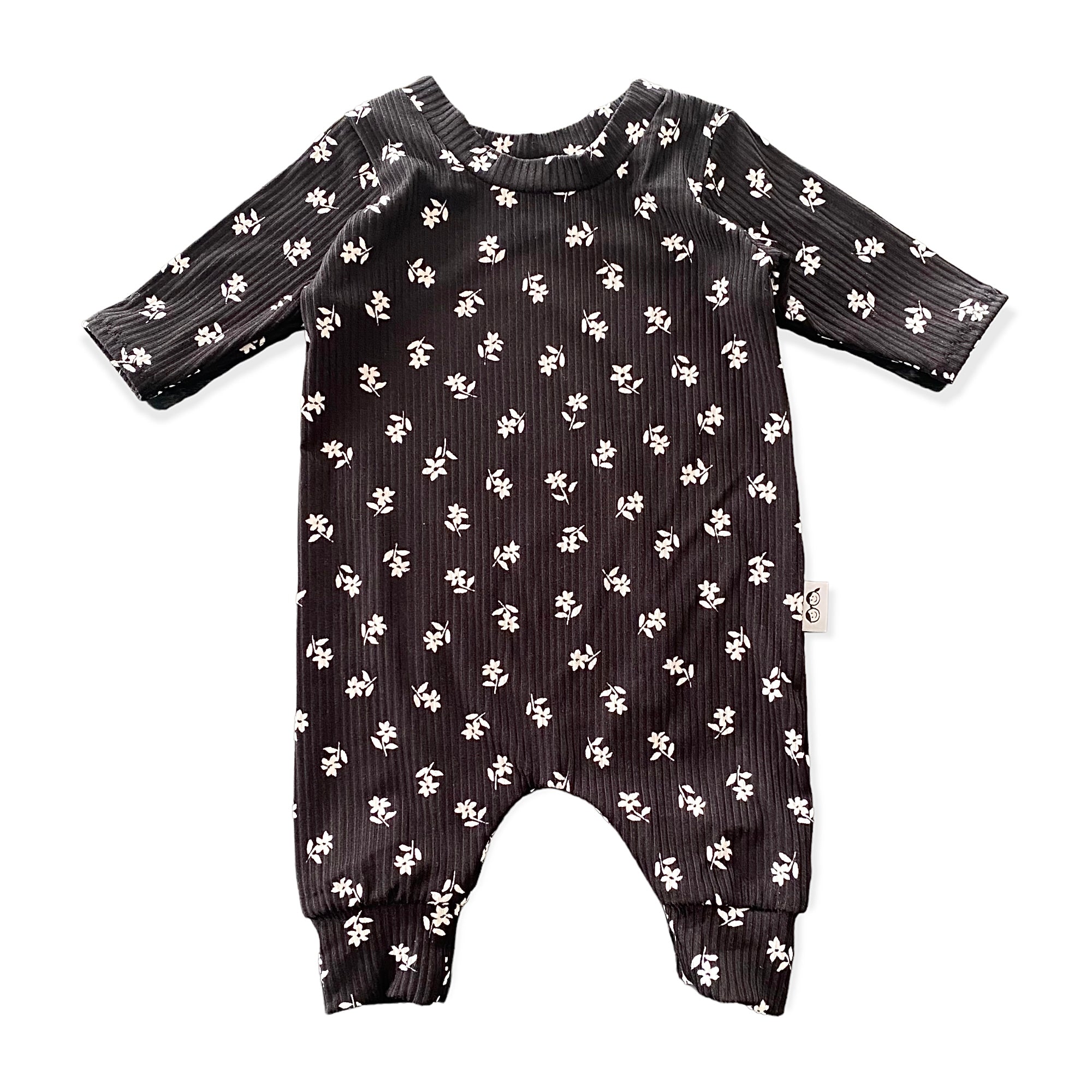 White Florals on Black Rib Harem Romper