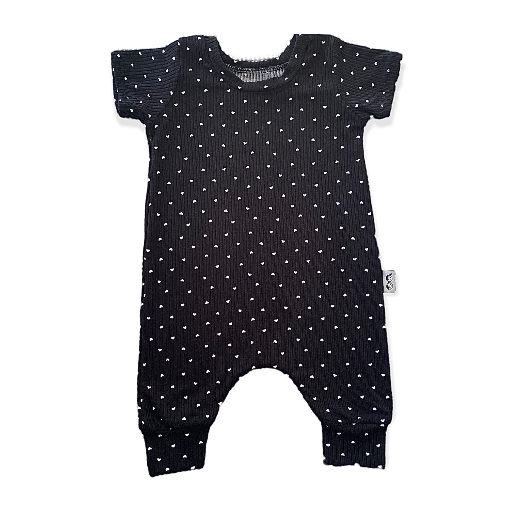 White Hearts on Black Ribbed Harem Romper