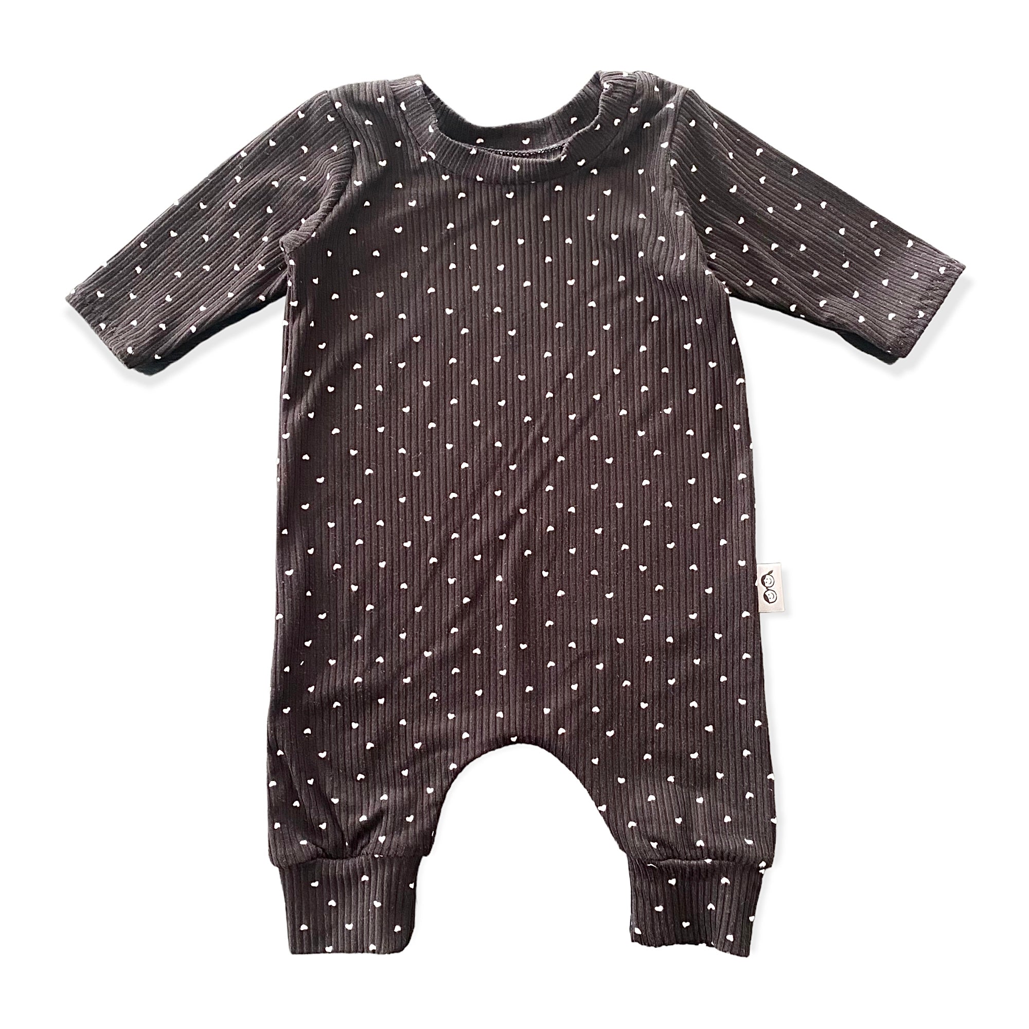 White Hearts on Black Ribbed Harem Romper