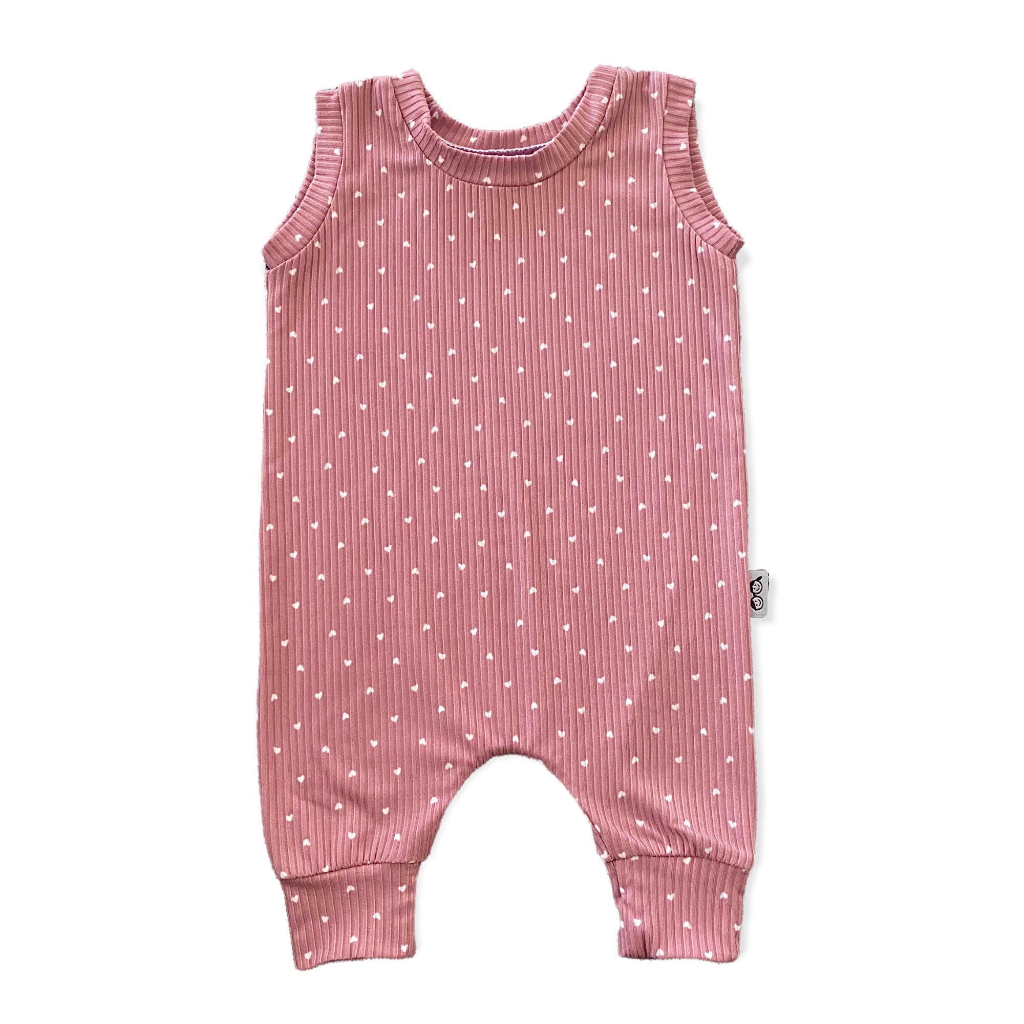 White Hearts on Dusty Rose Ribbed Harem Romper