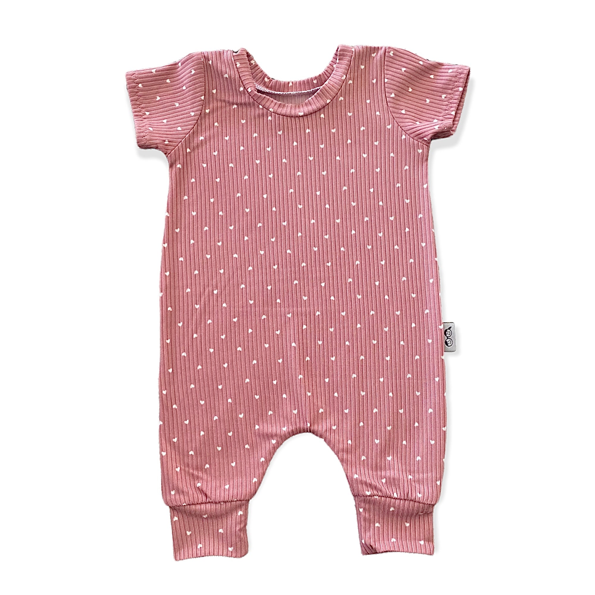 White Hearts on Dusty Rose Ribbed Harem Romper