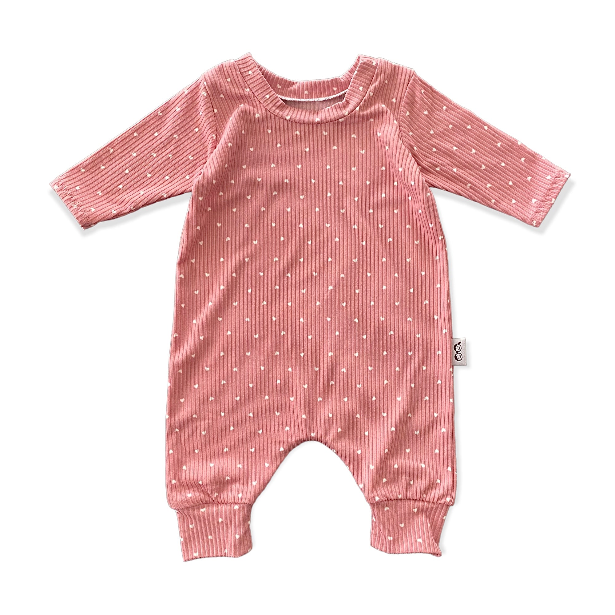 White Hearts on Dusty Rose Ribbed Harem Romper