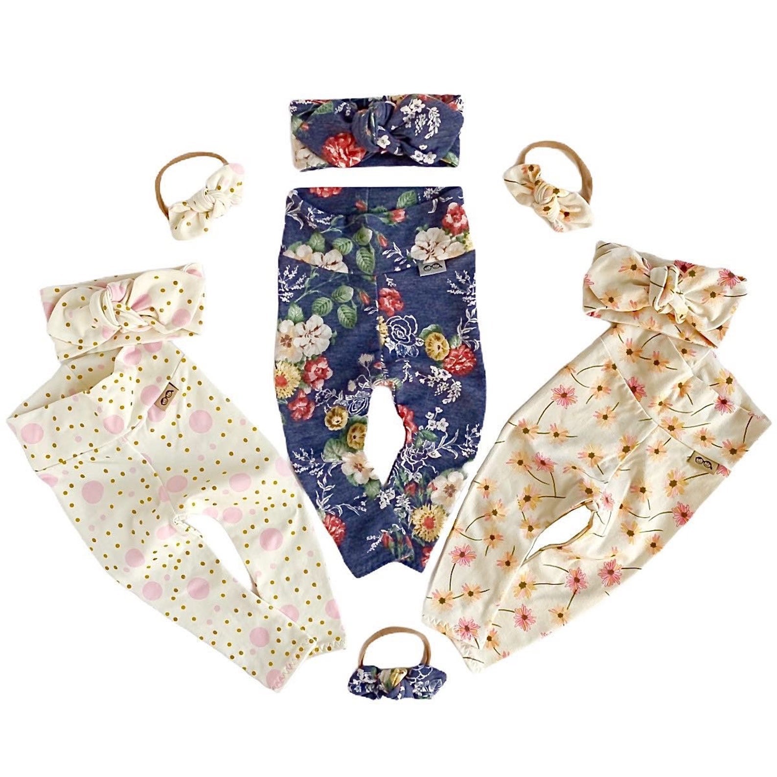 Floral on Heather Navy Leggings and/or Headbands
