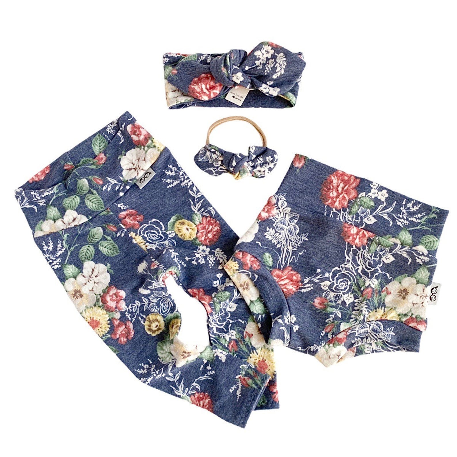 Floral on Heather Navy Leggings and/or Headbands