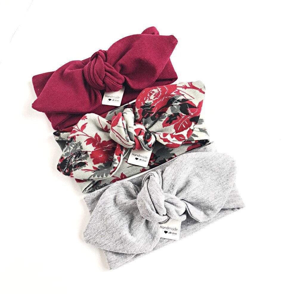 Burgundy Red, Organic Floral, Grey - Top Knot Headbands