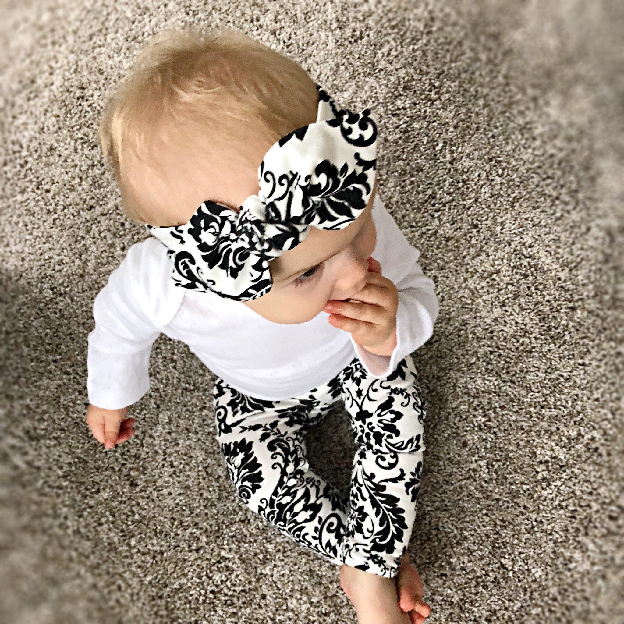 Black & White Damask Print Leggings and/or Headbands