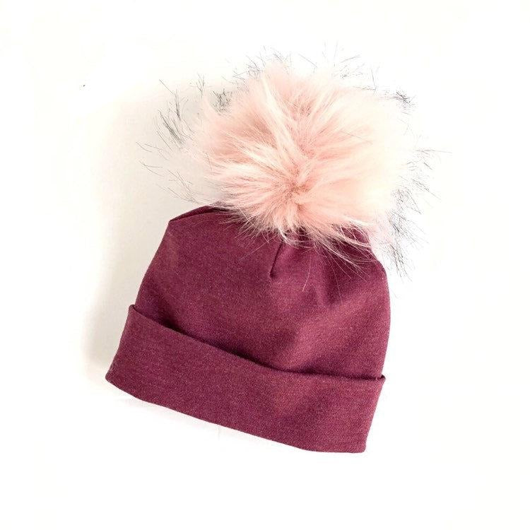 Heather Burgundy Faux Fur Pom Pom Hat
