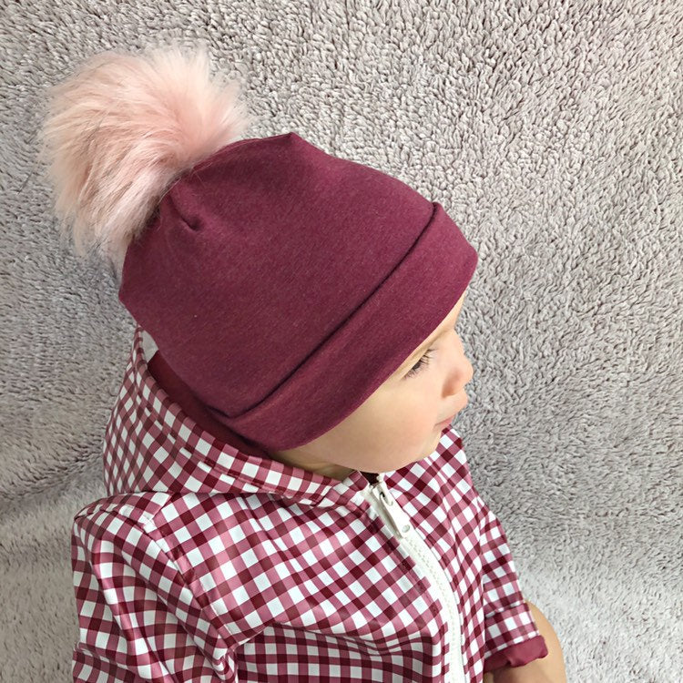 Heather Burgundy Faux Fur Pom Pom Hat