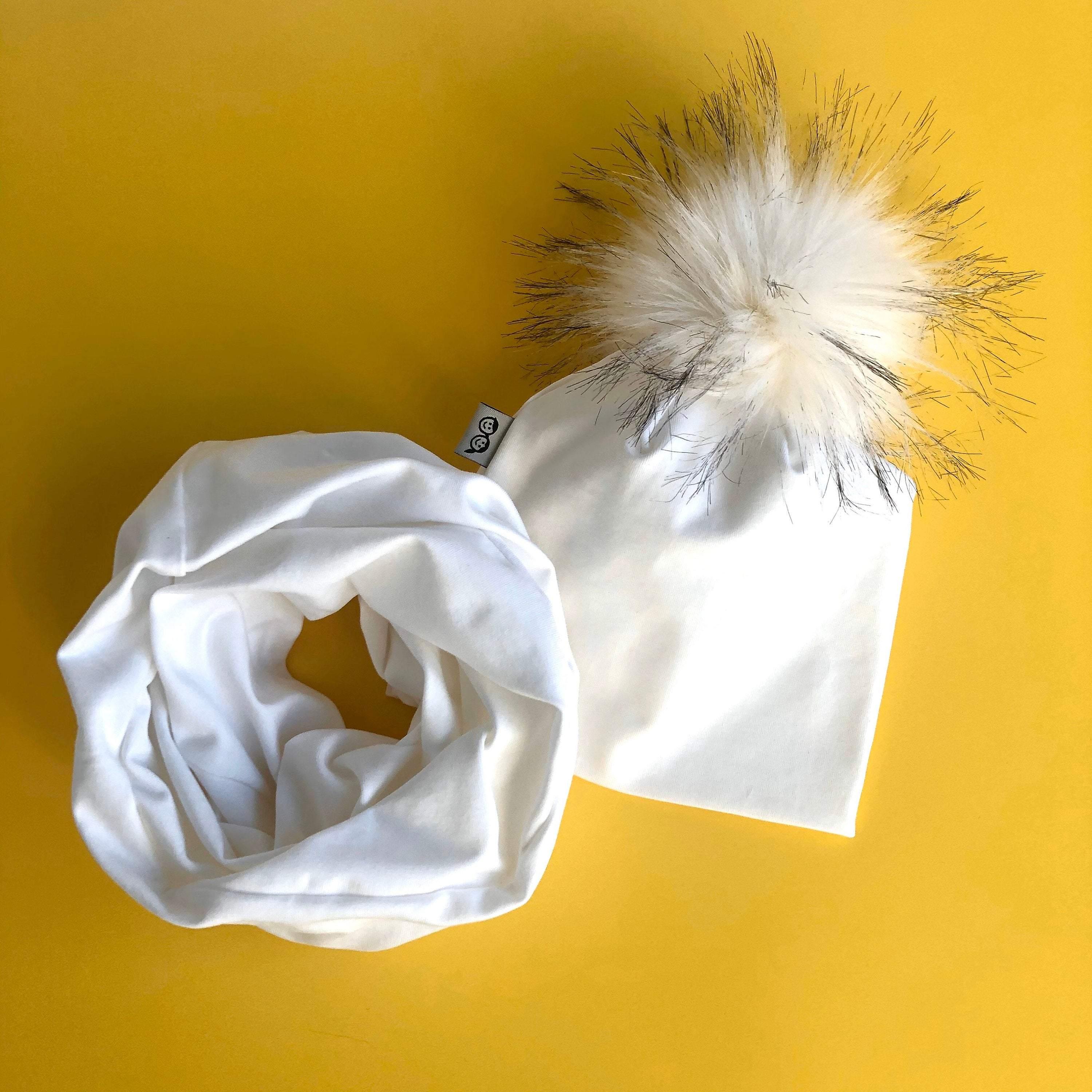 White Faux Fur Pom Pom Hat and Infinity Scarf