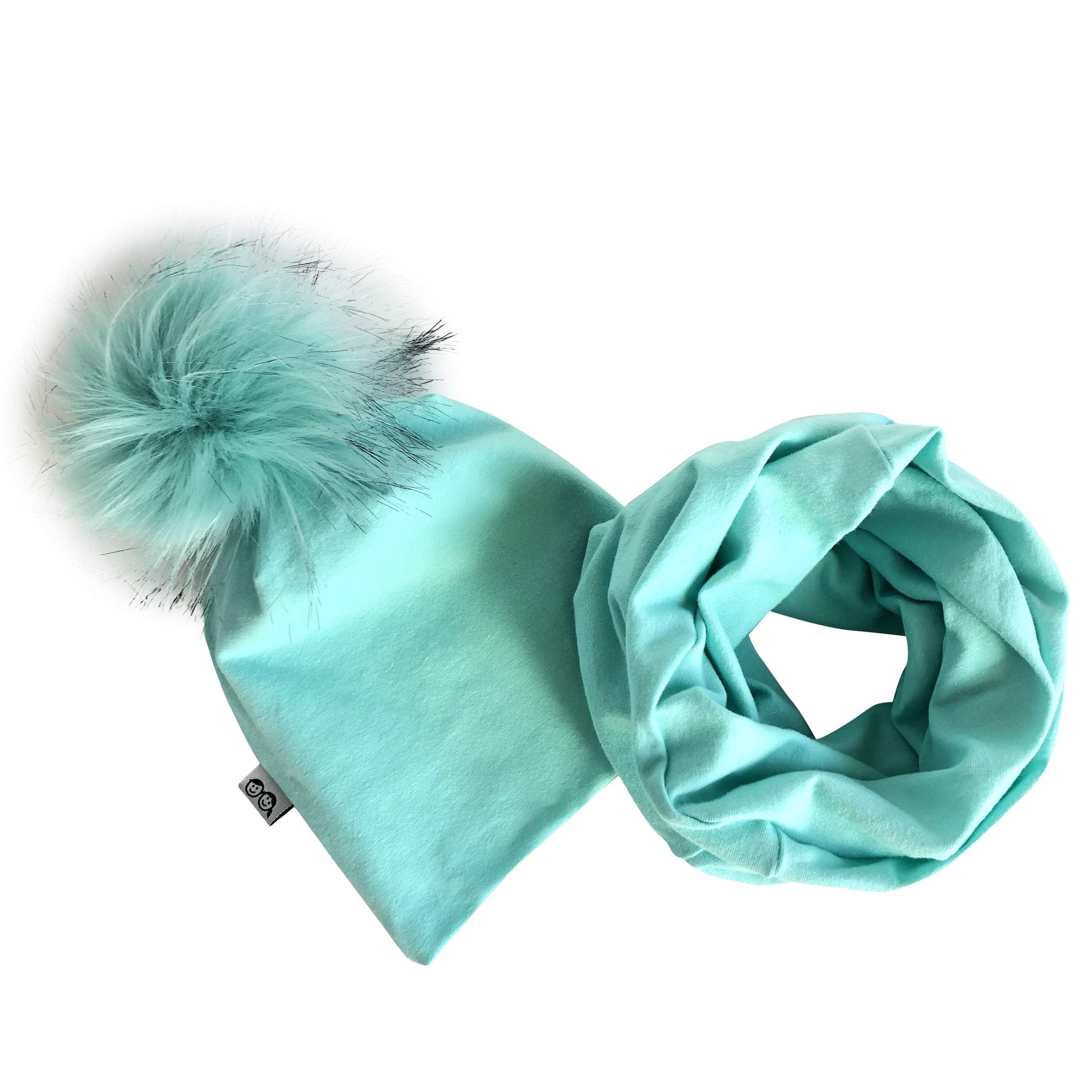 Mint Faux Fur Pom Pom Hat and Infinity Scarf