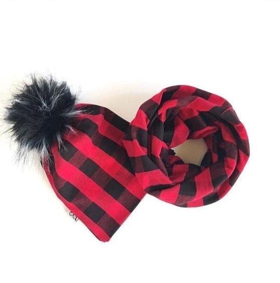 Red Buffalo Plaid Faux Fur Pom Pom Hat and/or Infinity Scarf
