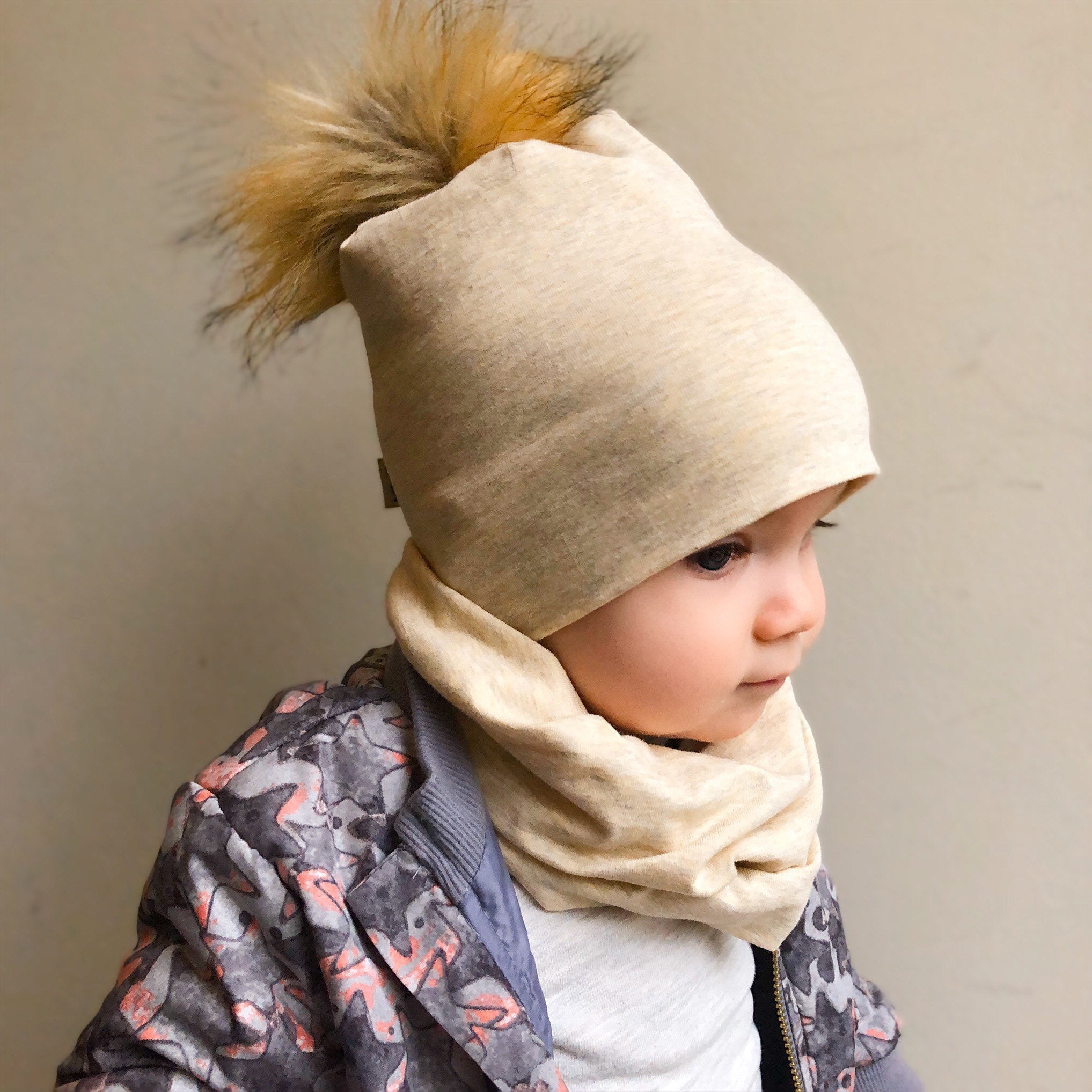 Heather Oatmeal Faux Fur Pom Pom Hat and Infinity Scarf