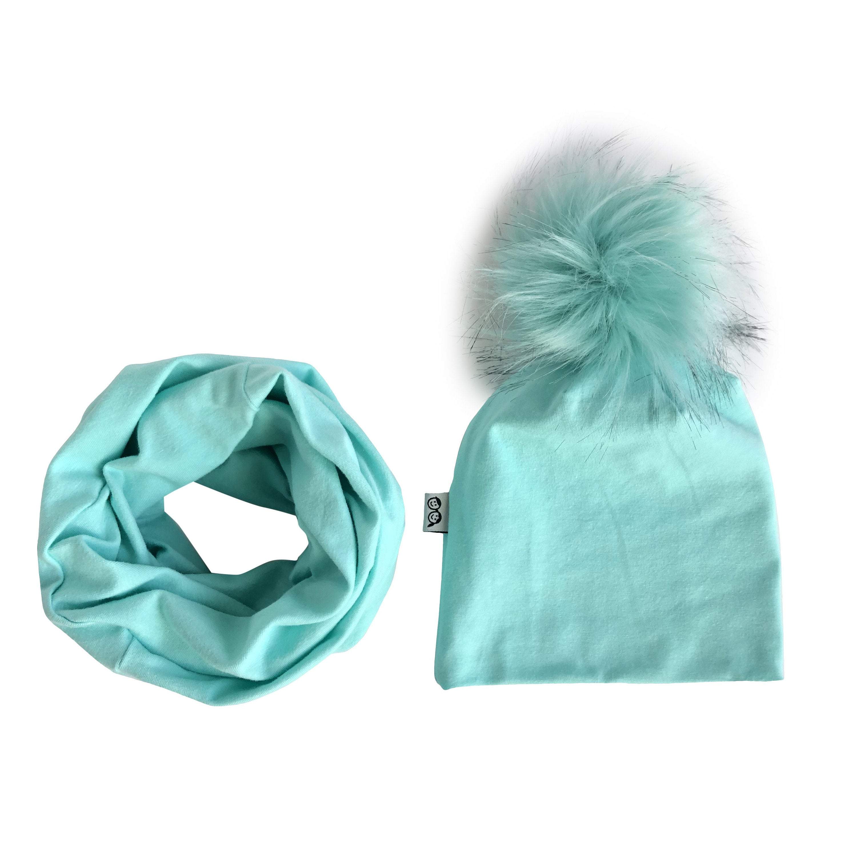 Mint Faux Fur Pom Pom Hat and Infinity Scarf