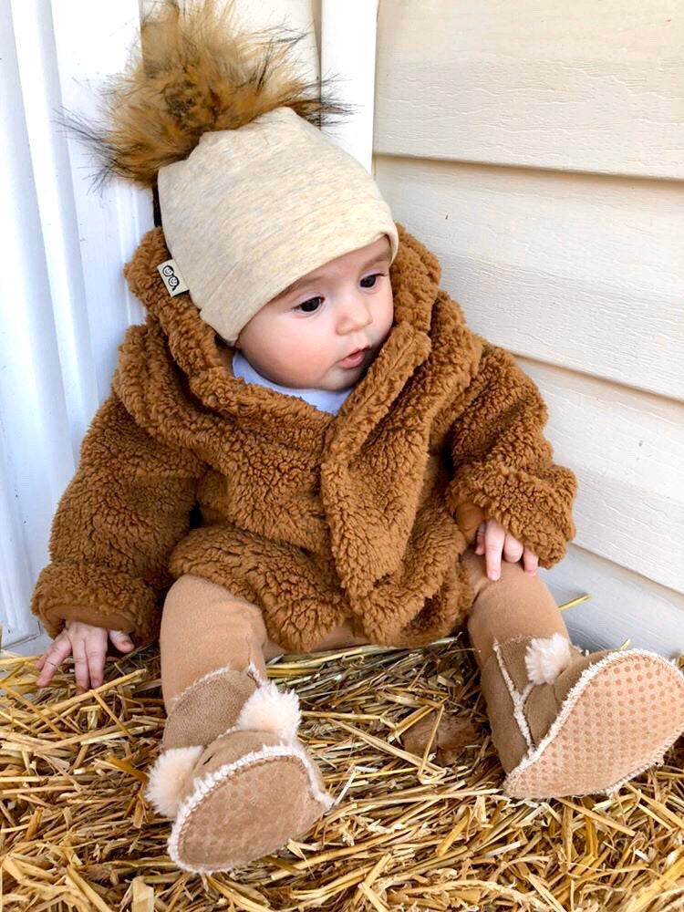 Heather Oatmeal Faux Fur Pom Pom Hat and Infinity Scarf