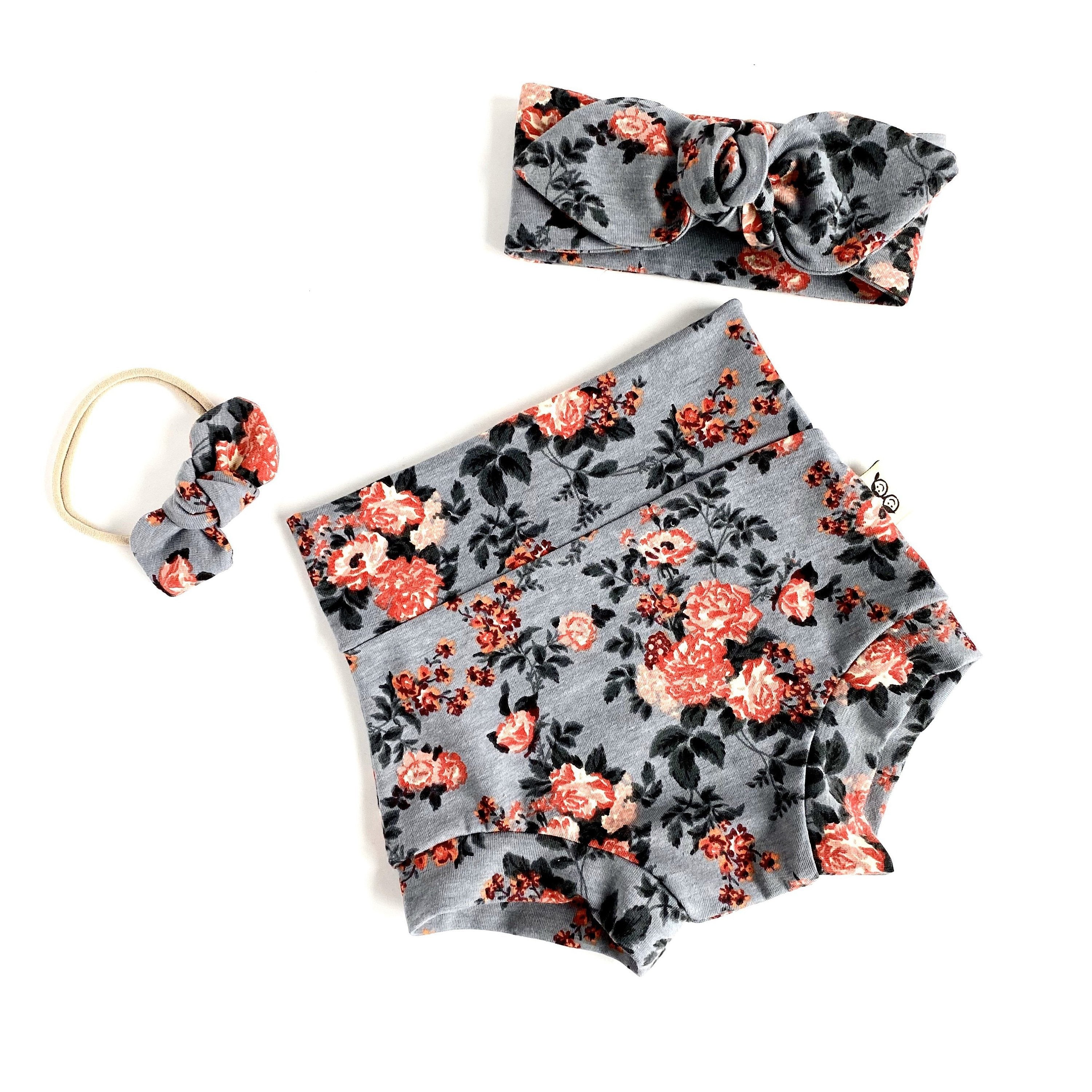 Coral Flowers on Grey Bummies and/or Headbands