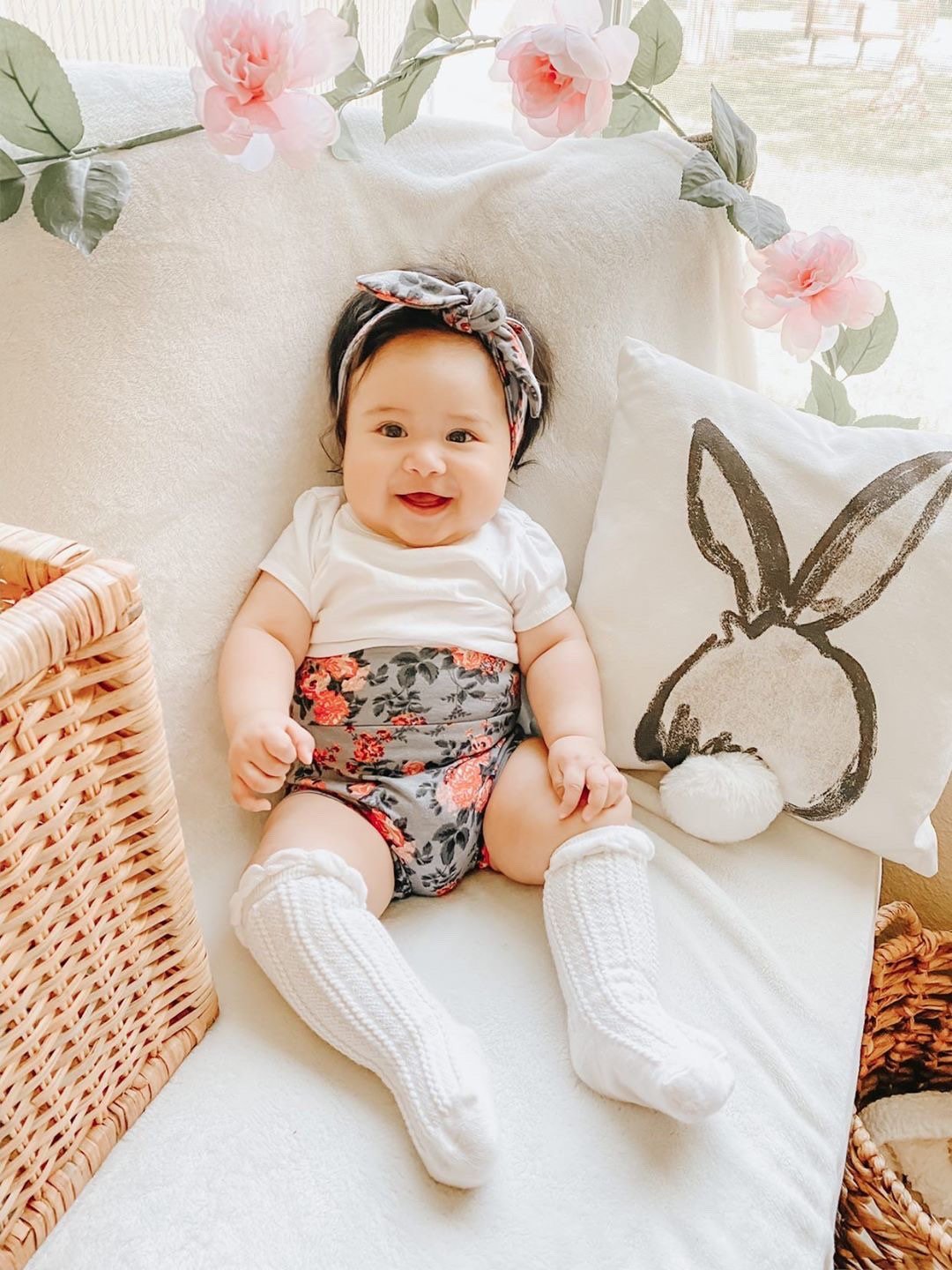 Coral Flowers on Grey Bummies and/or Headbands