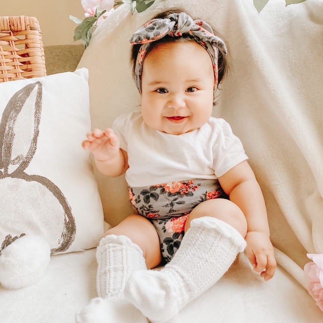 Coral Flowers on Grey Bummies and/or Headbands