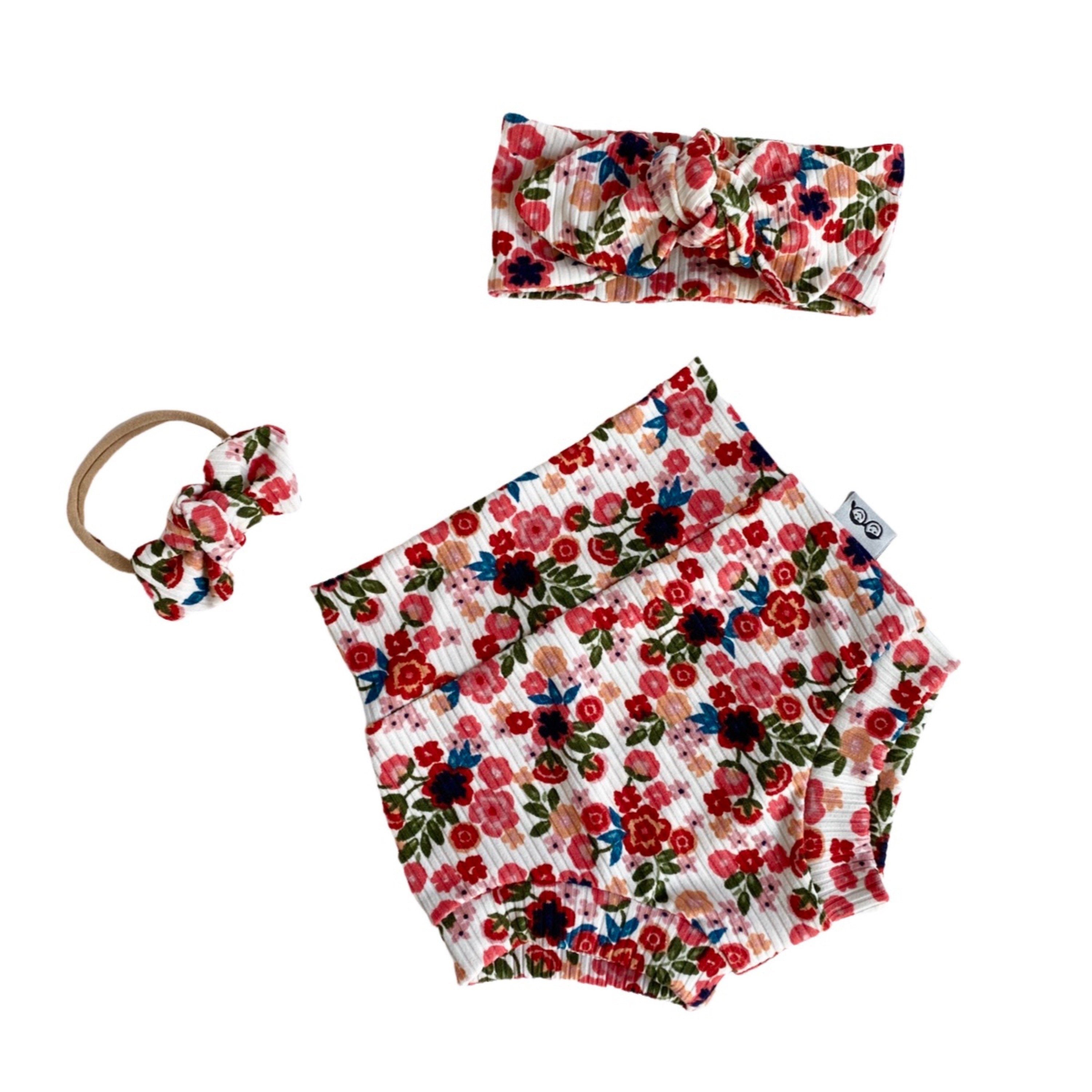 Groovy Dainty Floral on White Rib Bummies and/or Headbands