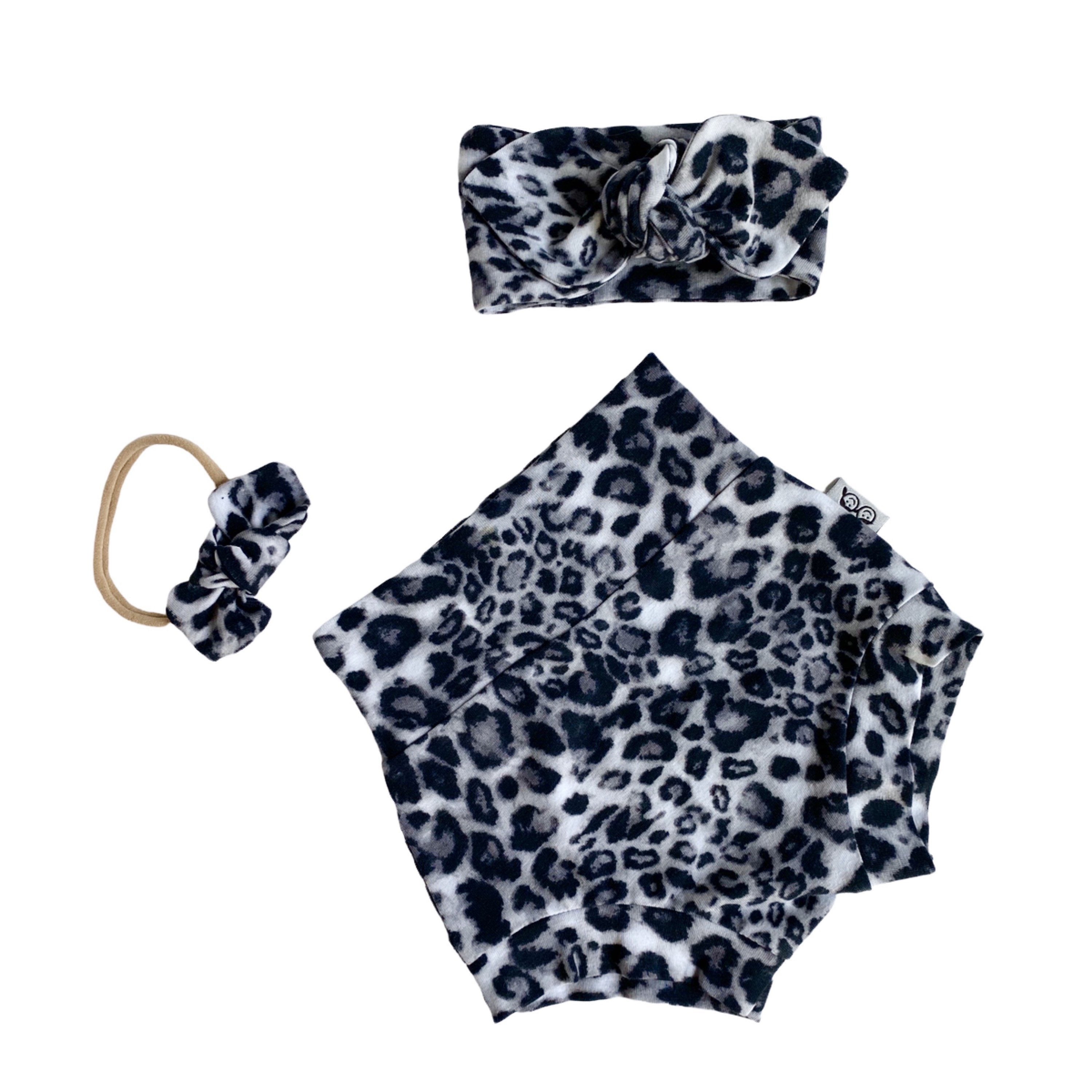 Gray Black Leopard Bummies and/or Headbands