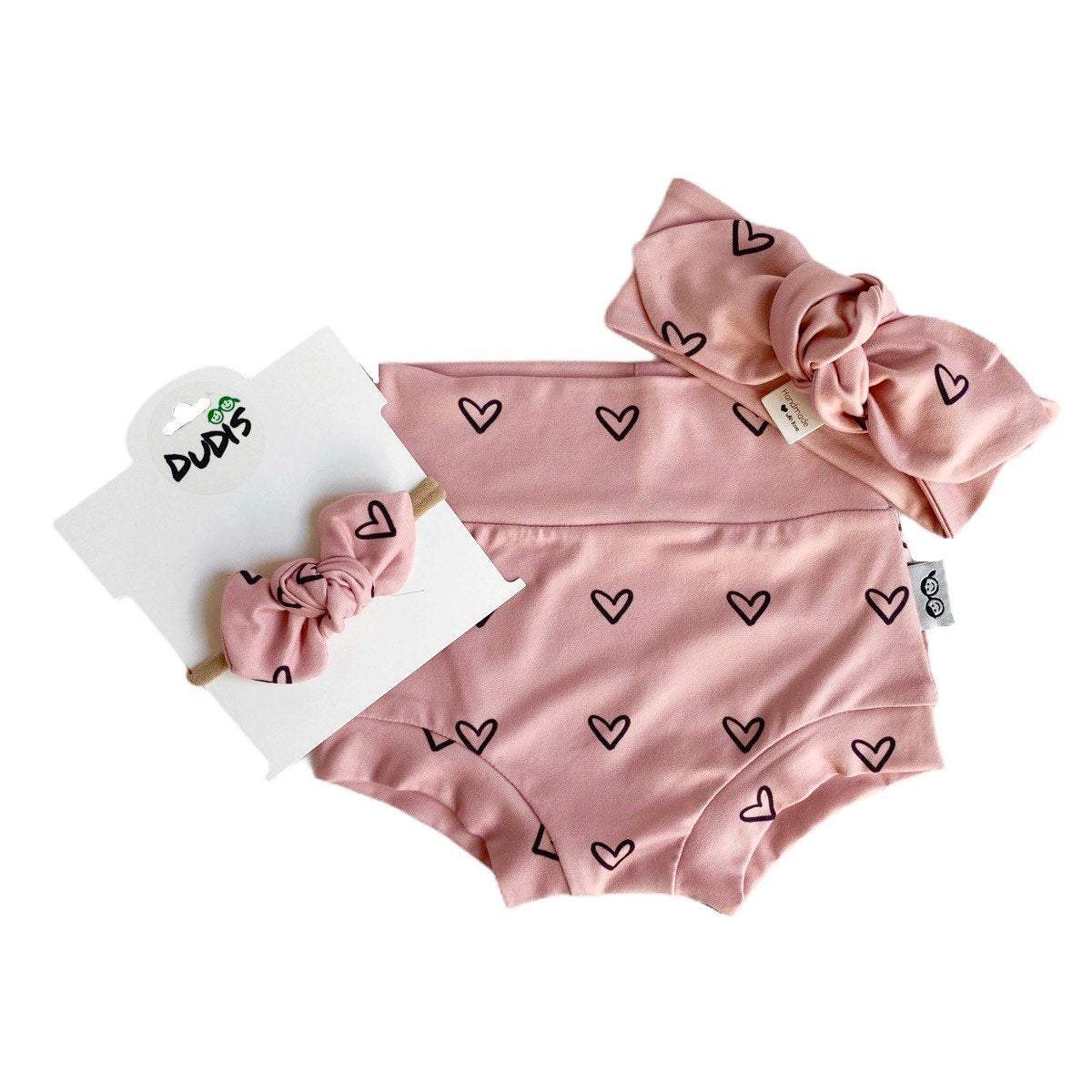 Black Hearts on Dusty Pink Bummies and/or Headbands