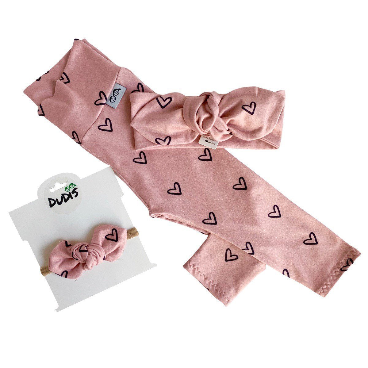 Black Hearts on Dusty Pink Leggings and/or Headbands
