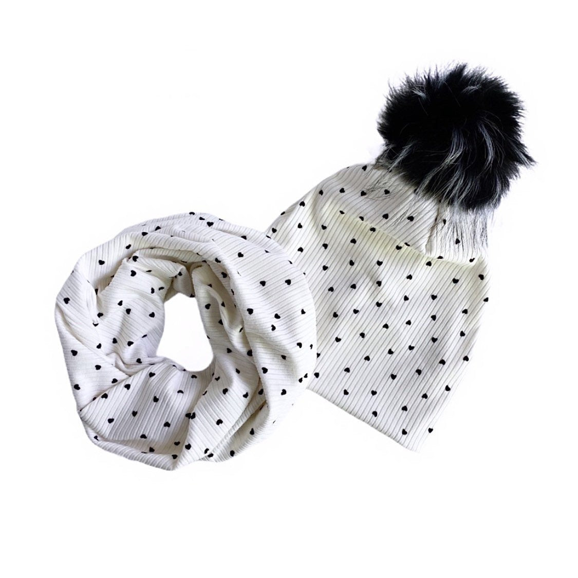 Petite Hearts White Ribbed Fur Pom Pom Hat and/or Infinity Scarf