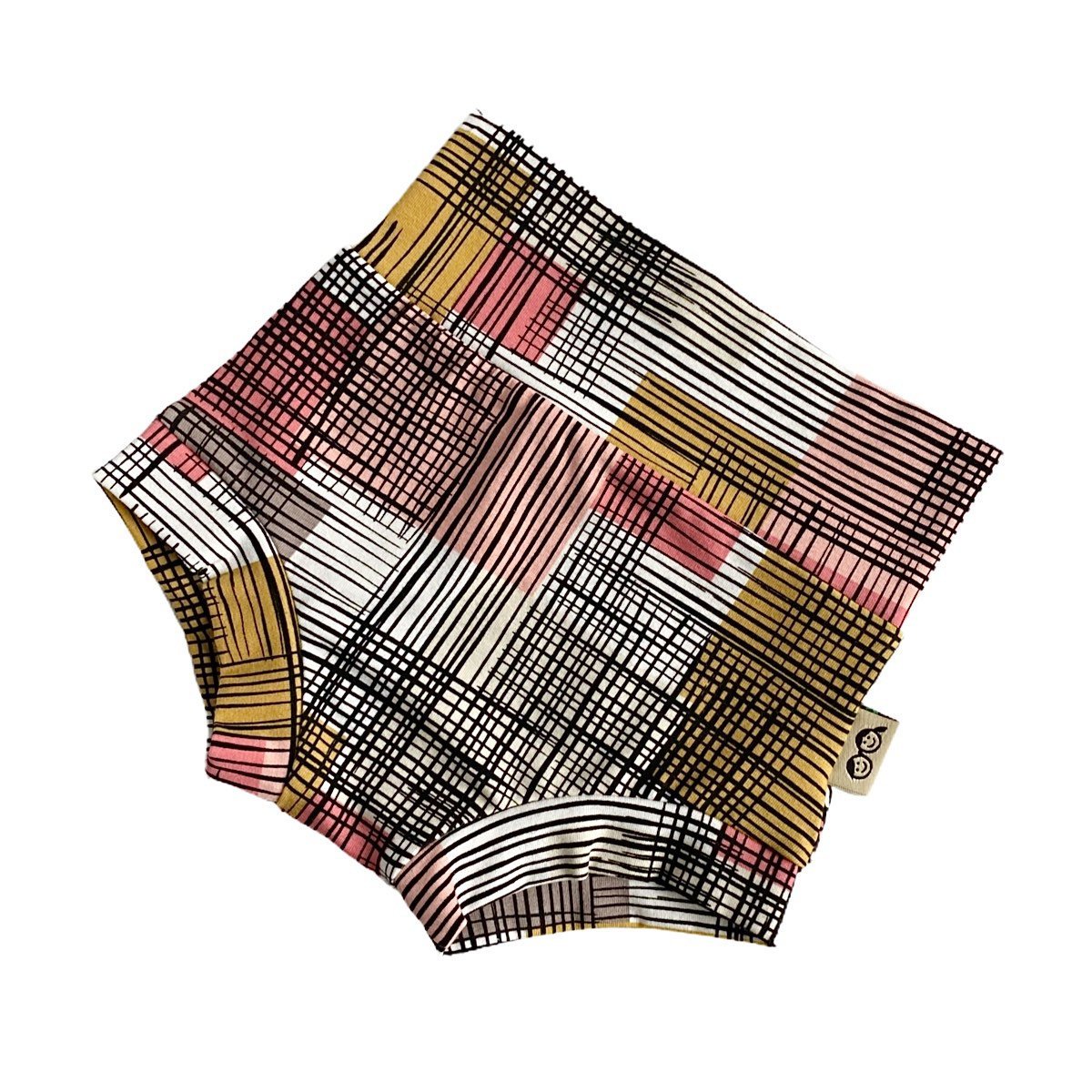 Retro Plaid Bummies with a vibrant multicolored plaid pattern, featuring a high waistband for comfort and style, perfect for babies and toddlers.