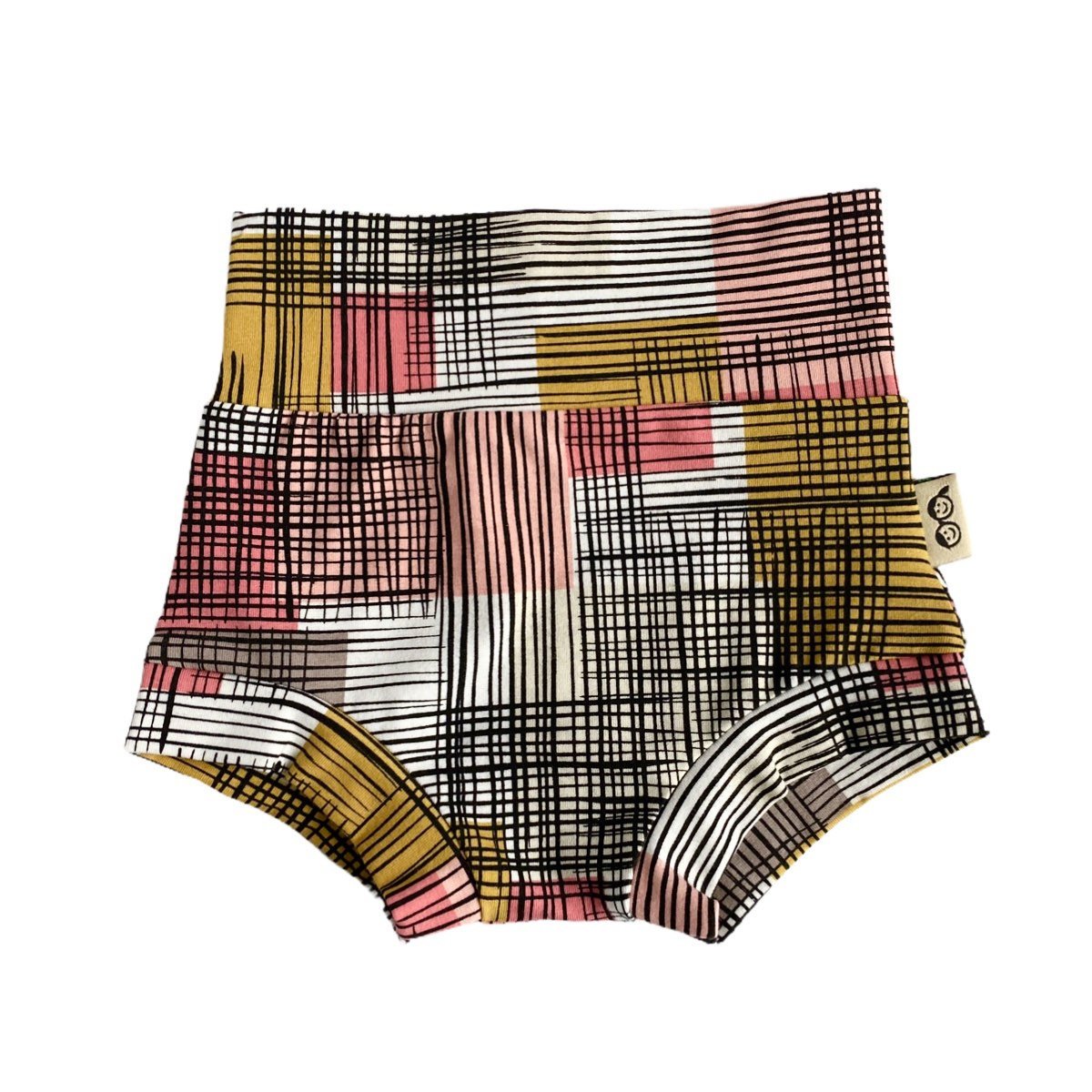 Retro Plaid Bummies with a vibrant multicolored plaid pattern, featuring a high waistband for comfort and style, perfect for babies and toddlers.