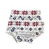 Handmade baby bummies with festive Nordic snowflake pattern in red, navy, and cream. Perfect diaper covers for holiday and winter outfits.