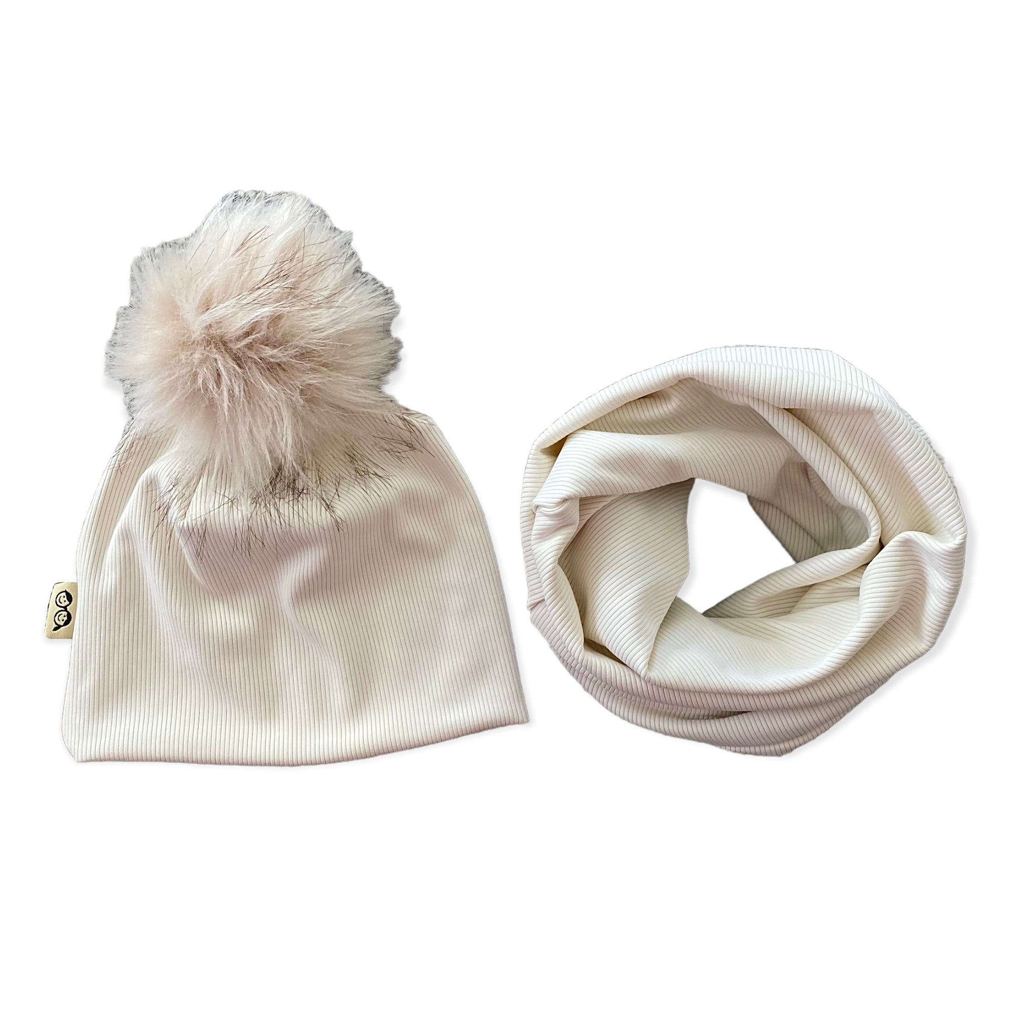 Cream Ribbed Faux Fur Pom Pom Hat and Infinity Scarf