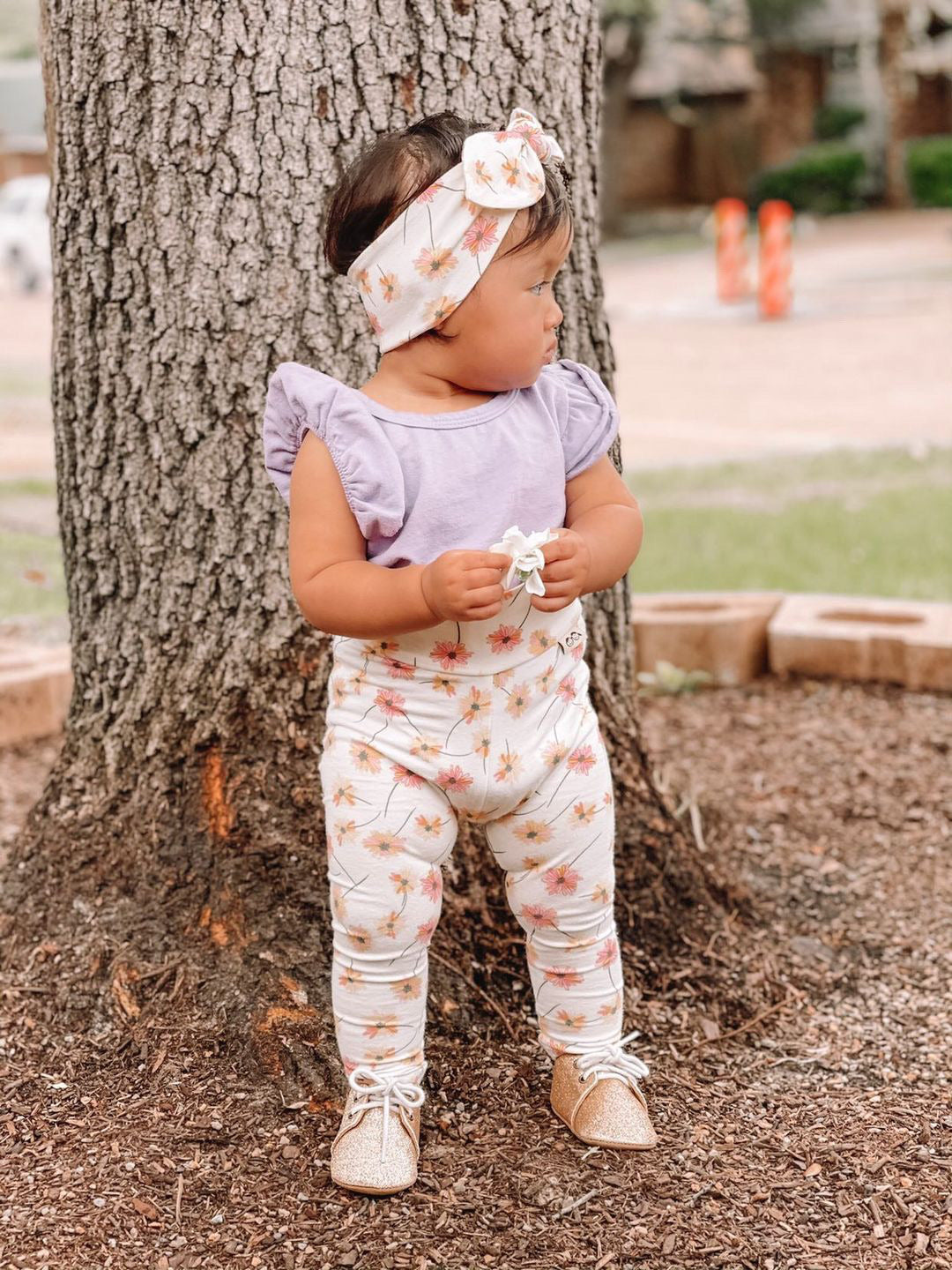Cream Floral Leggings and/or Headbands