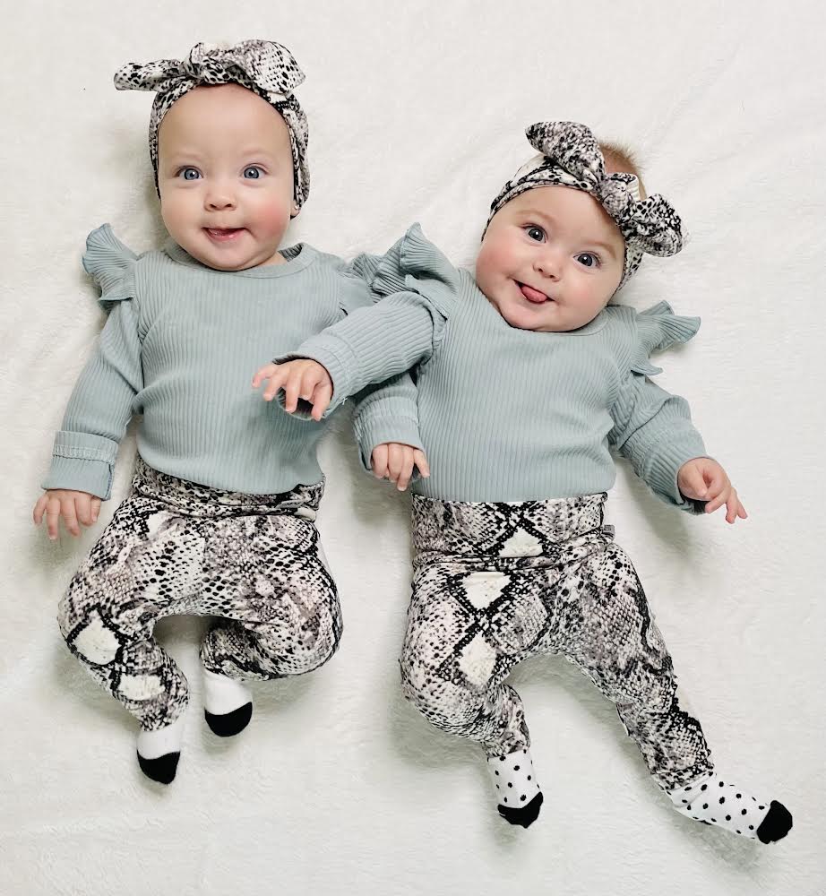 Twin Girls in Grey Snake Print Leggings