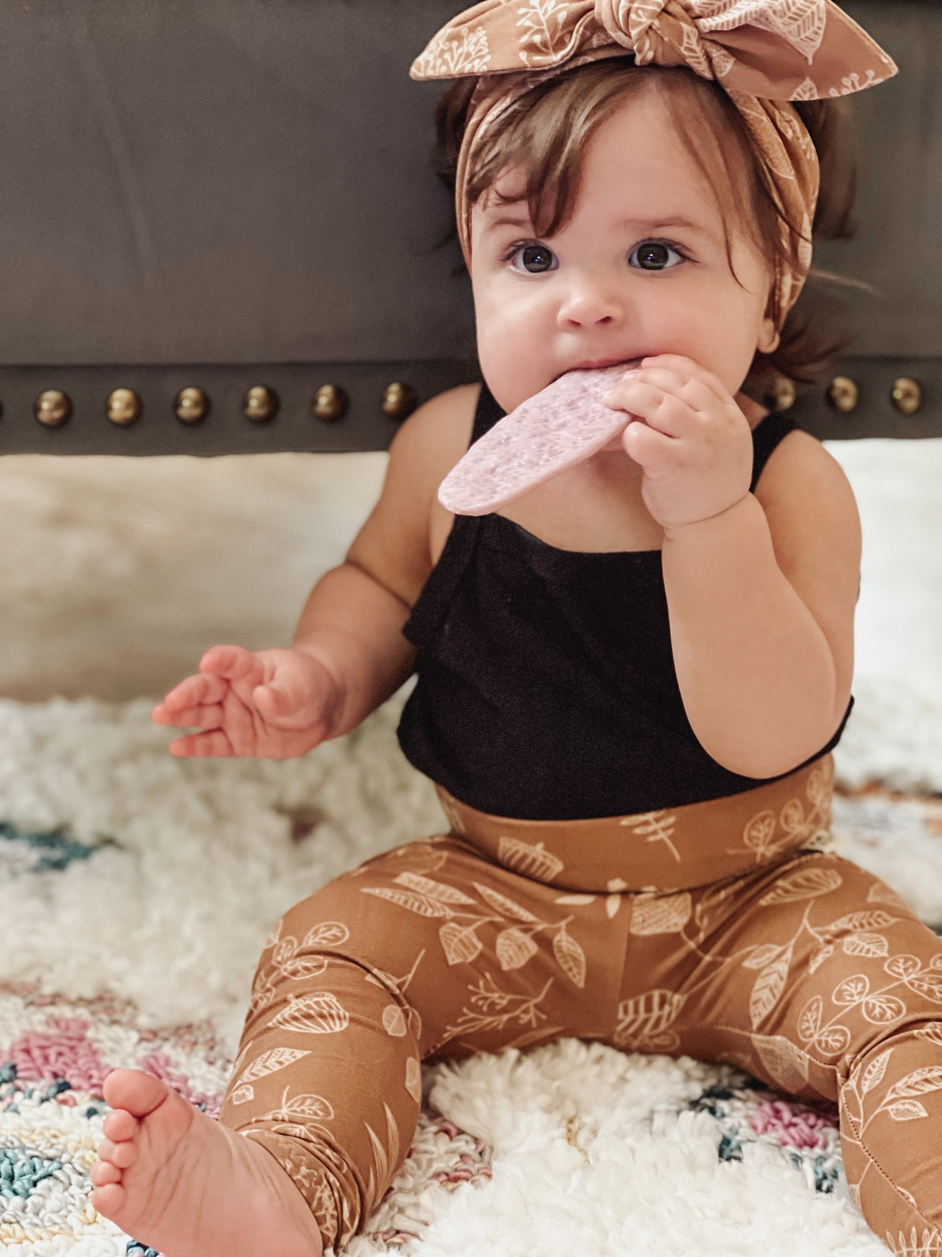 Hand Drawn Florals on Brown Leggings and/or Headbands