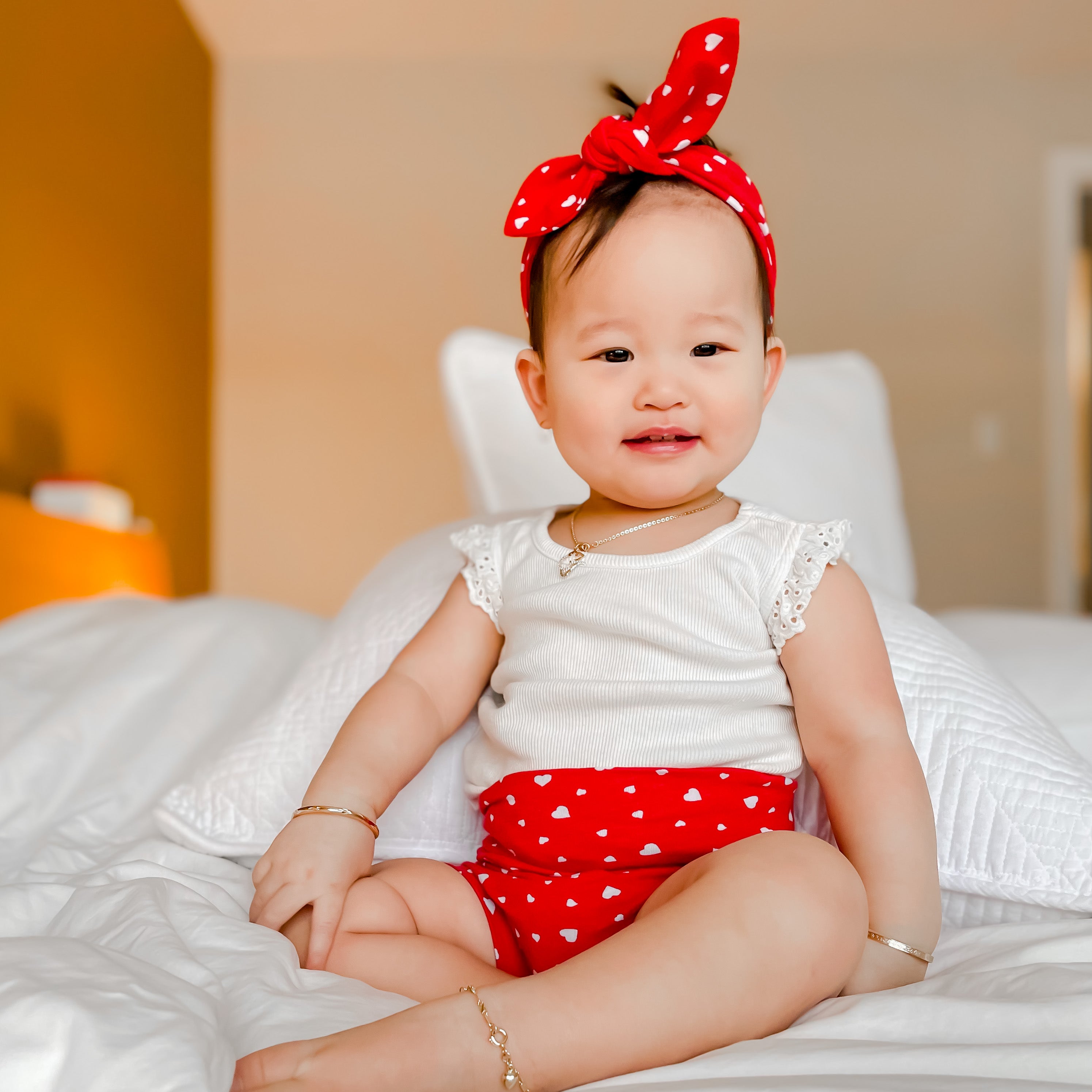 White Dainty Hearts on Red Headbands