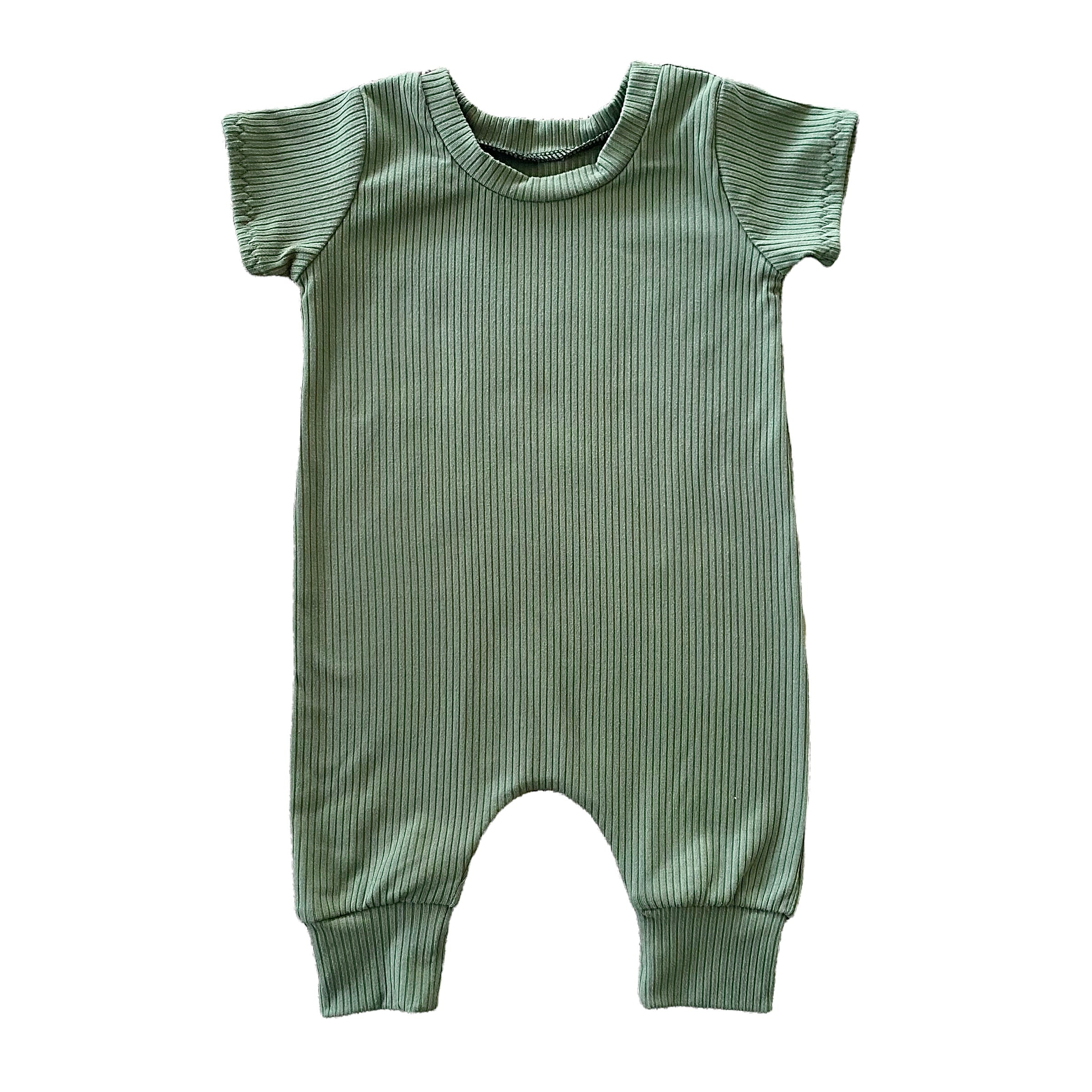 A flat-lay of a short-sleeve ribbed green romper for babies, designed for comfort and durability, with a cozy yet stylish look.