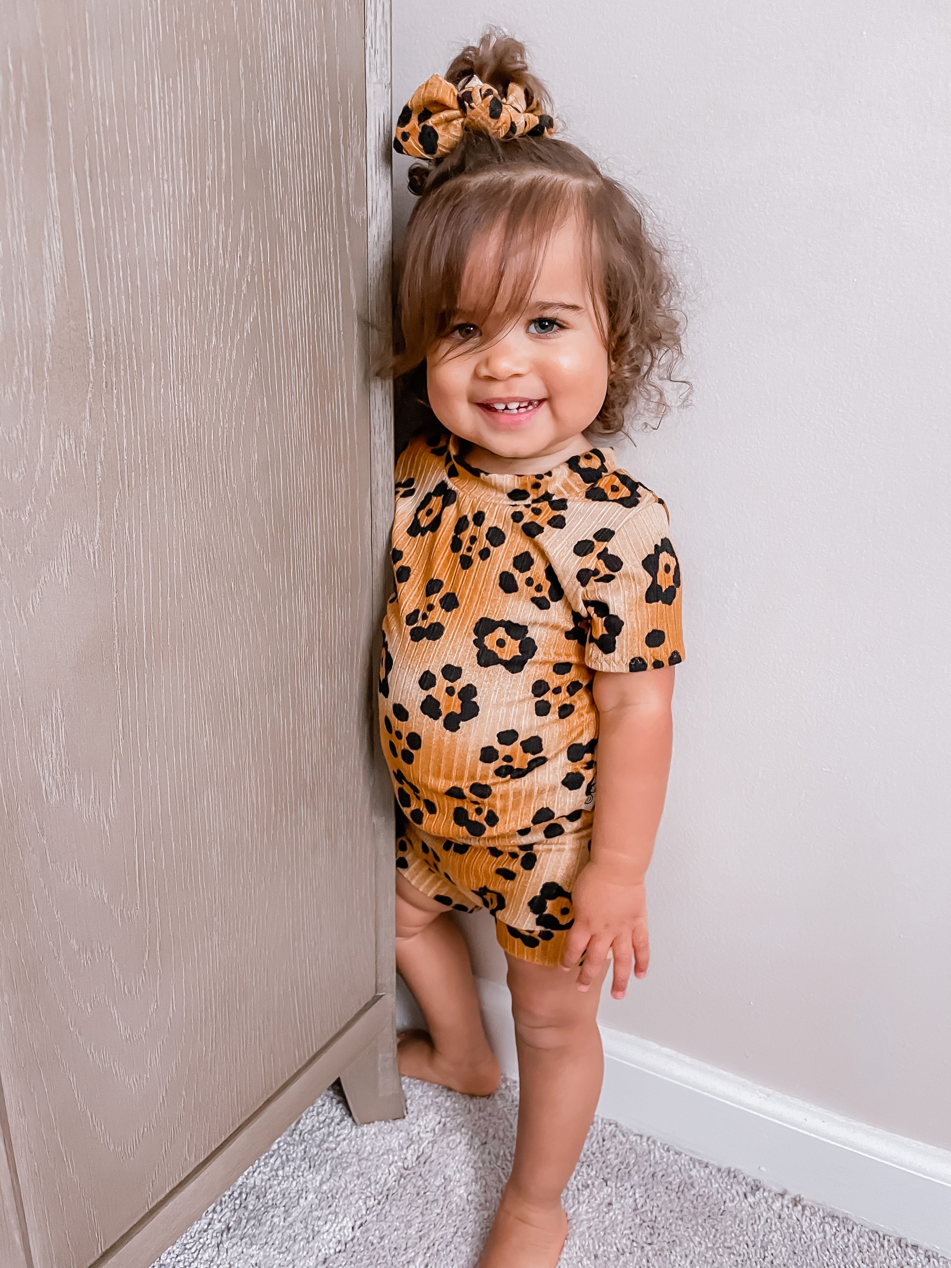 Brown Cheetah Flowers Ribbed Summer Lounge Set