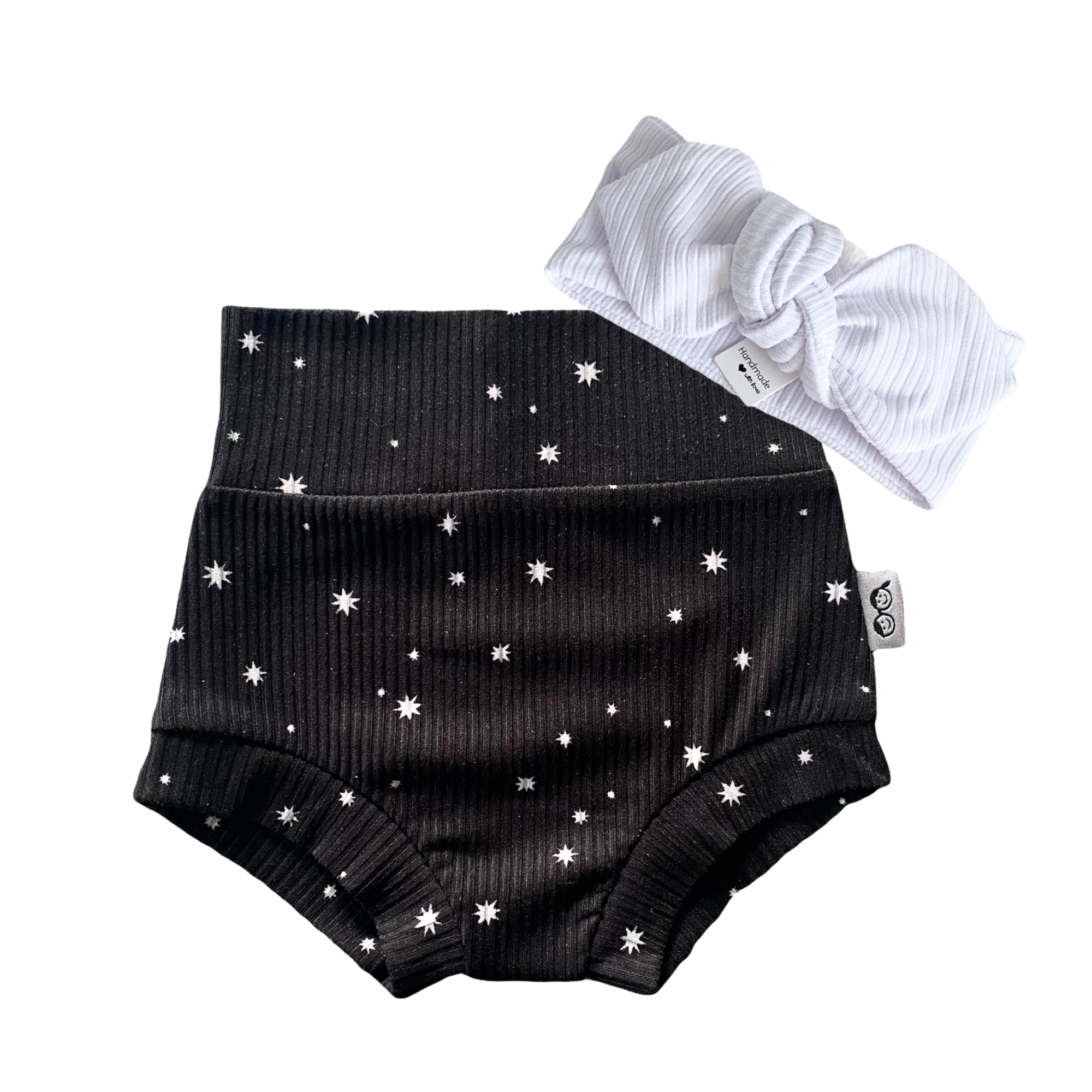 My Lucky Stars on Black Ribbed Bummies with White Rib Headband