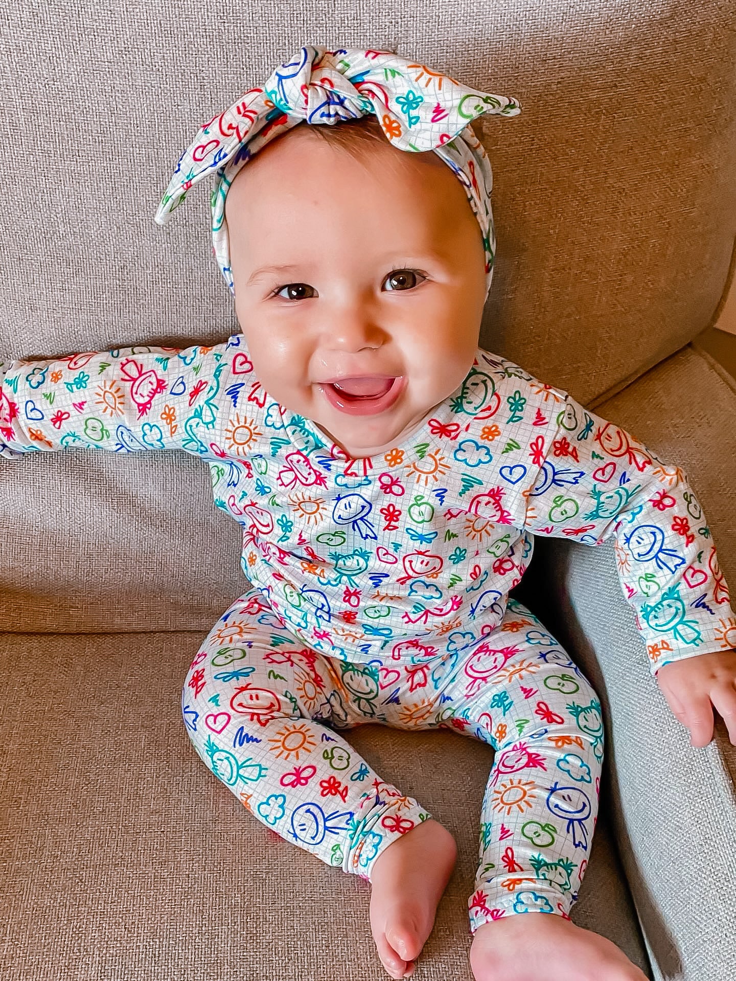 baby girl in school doodle top knot headband